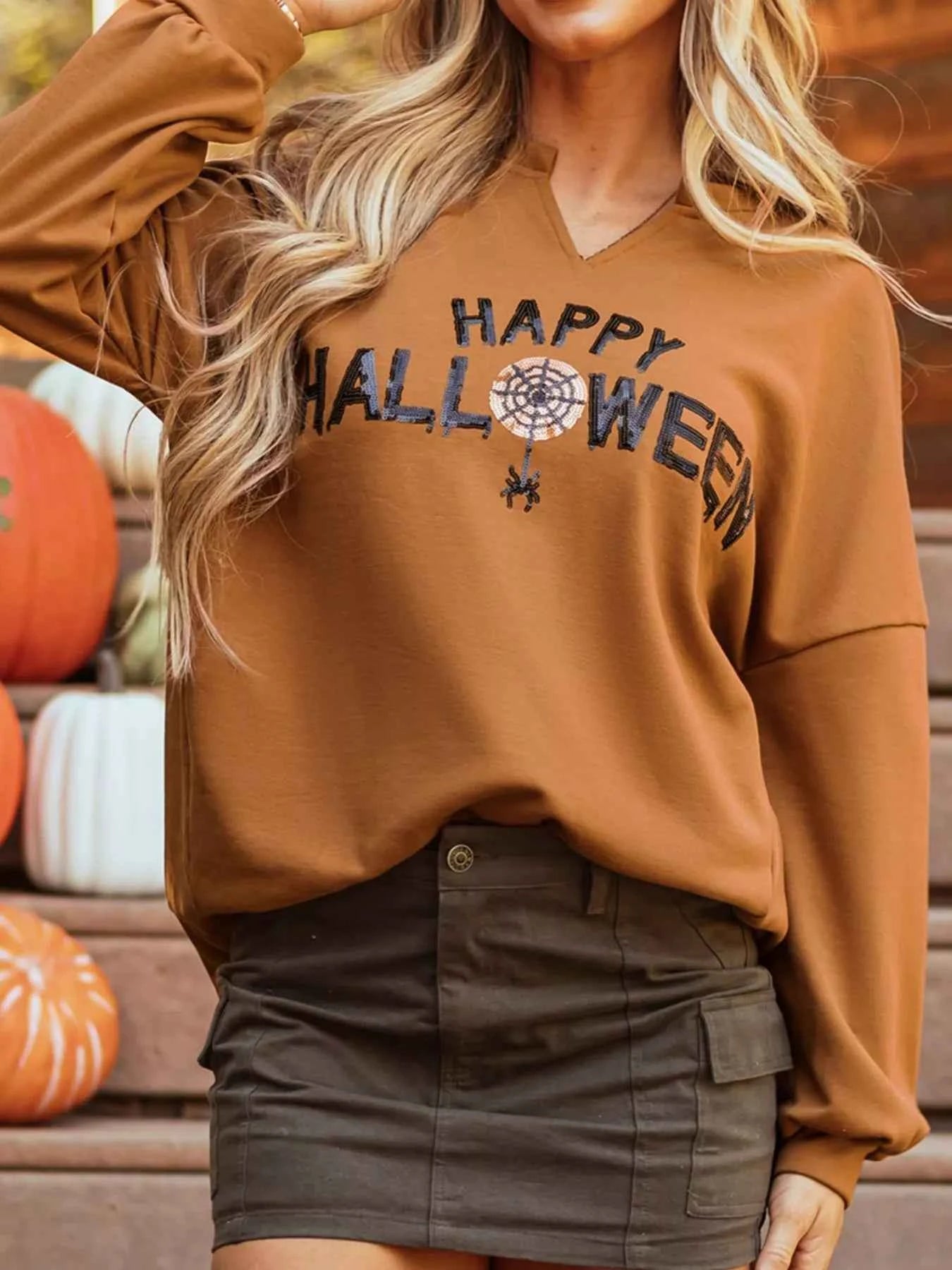 Happy Halloween Graphic Notched Long Sleeve Loose Top e093583e-6a10-451c-a2de-52f269545eb0-Max-Origin