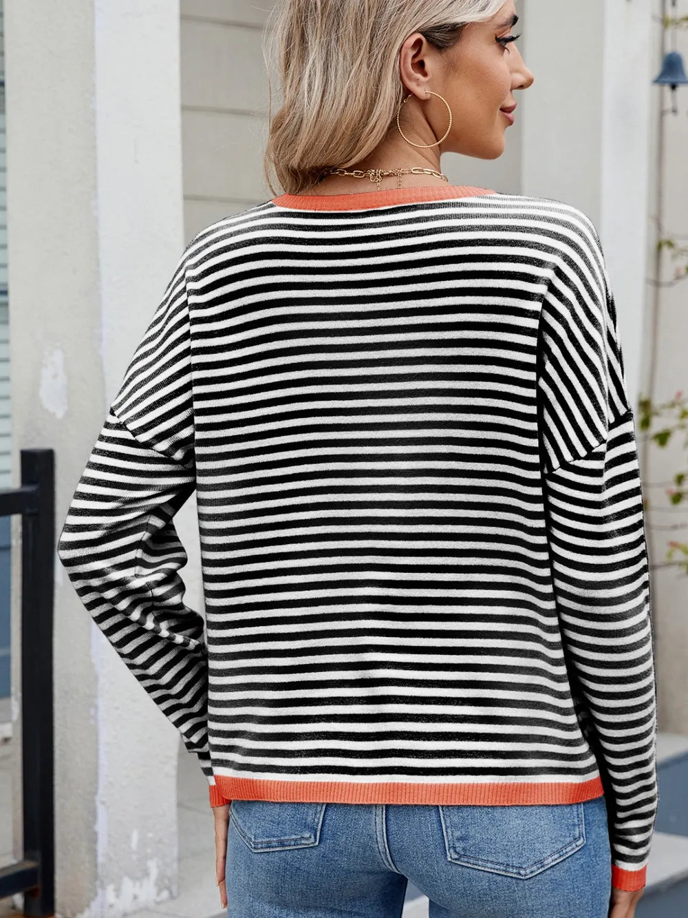 Striped Contrast Round Neck Long Sleeve Sweater e097e946-f8e8-49e2-8d5d-d05cdf356cd4-Max