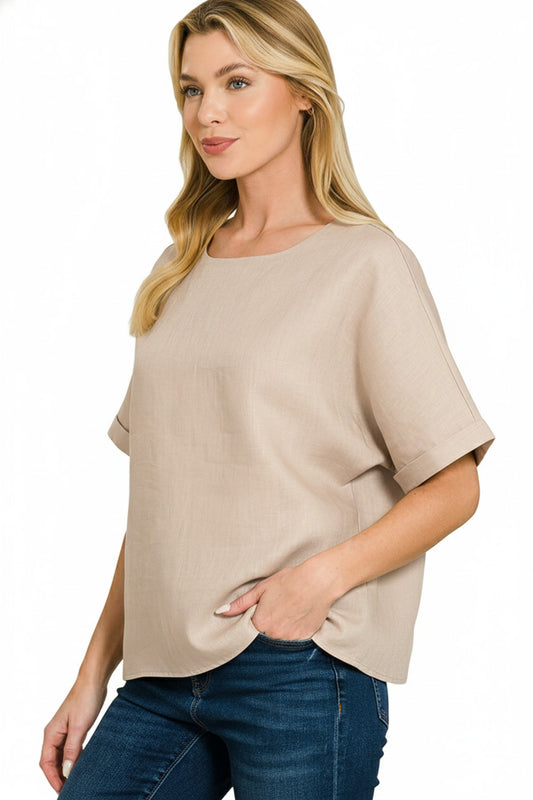 Linen Round Neck Cuffed Sleeve Top e09ba907-9958-4c9b-88e0-fbde192cb9a1-Max
