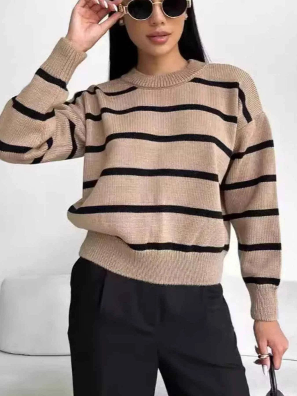 Striped Knit Round Neck Sweater Taupe e09d33b3-b8a3-4405-8ee9-3b6901990292-Max-Origin