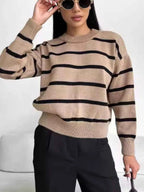 Striped Knit Round Neck Sweater Taupe e09d33b3-b8a3-4405-8ee9-3b6901990292-Max-Origin