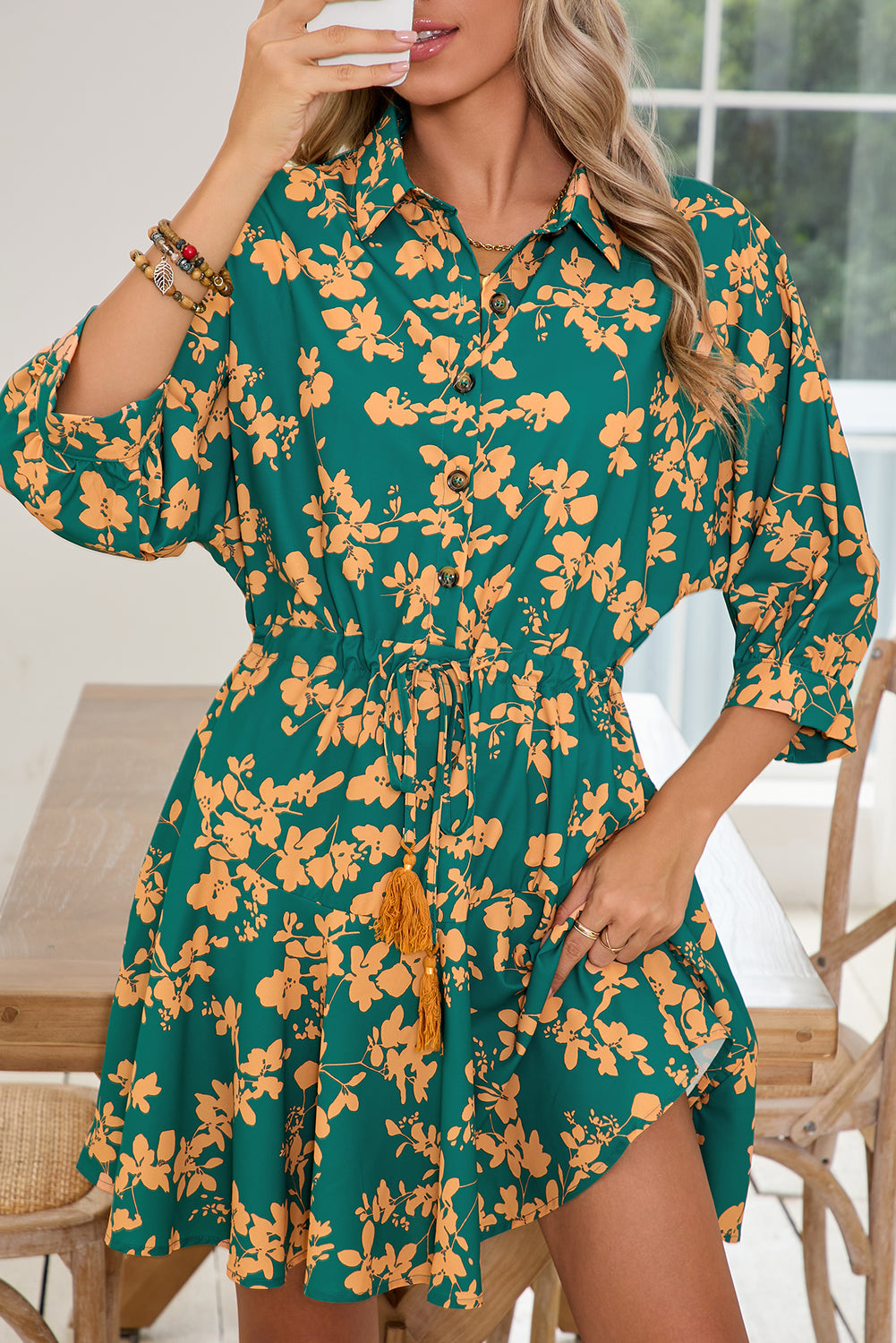 Green Floral Print Drawstring Flowy Short Dress e09e894f8dad823f