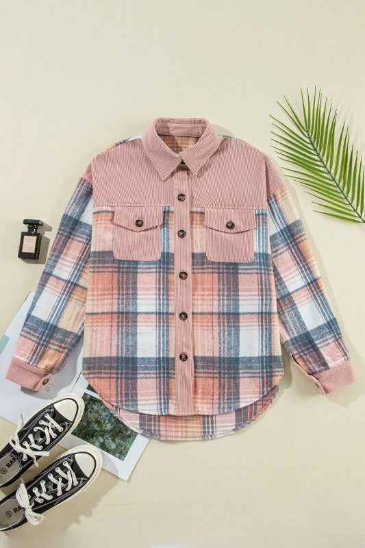 Plaid Corduroy Patchwork Pocketed Shacket e0a3519a-940a-438e-a6d3-39580b4f2a1d
