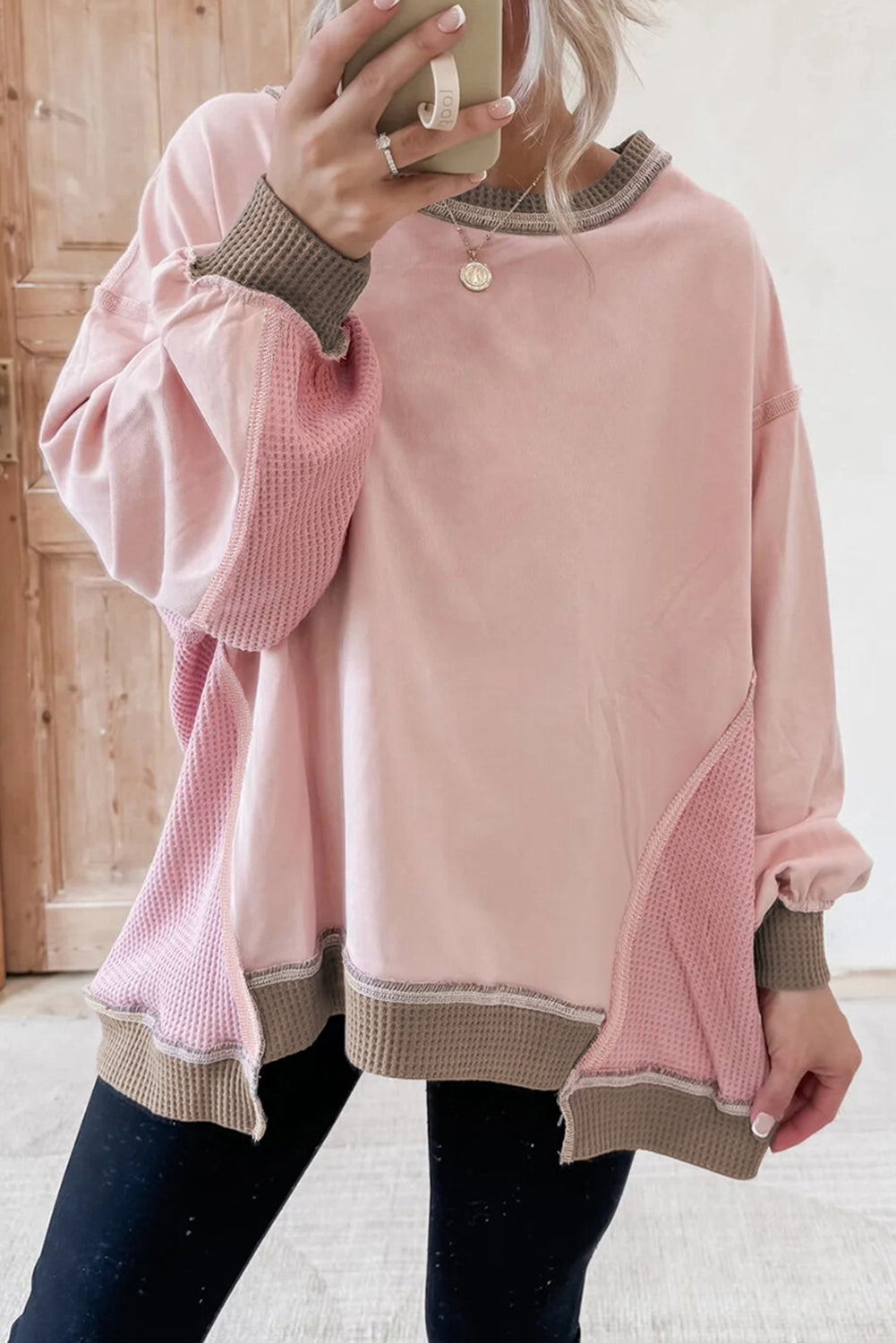 Smoke Green Colorblock Waffle Patchwork Oversize Sweatshirt Light Pink 65%Polyester+35%Cotton e0a663b911157c46