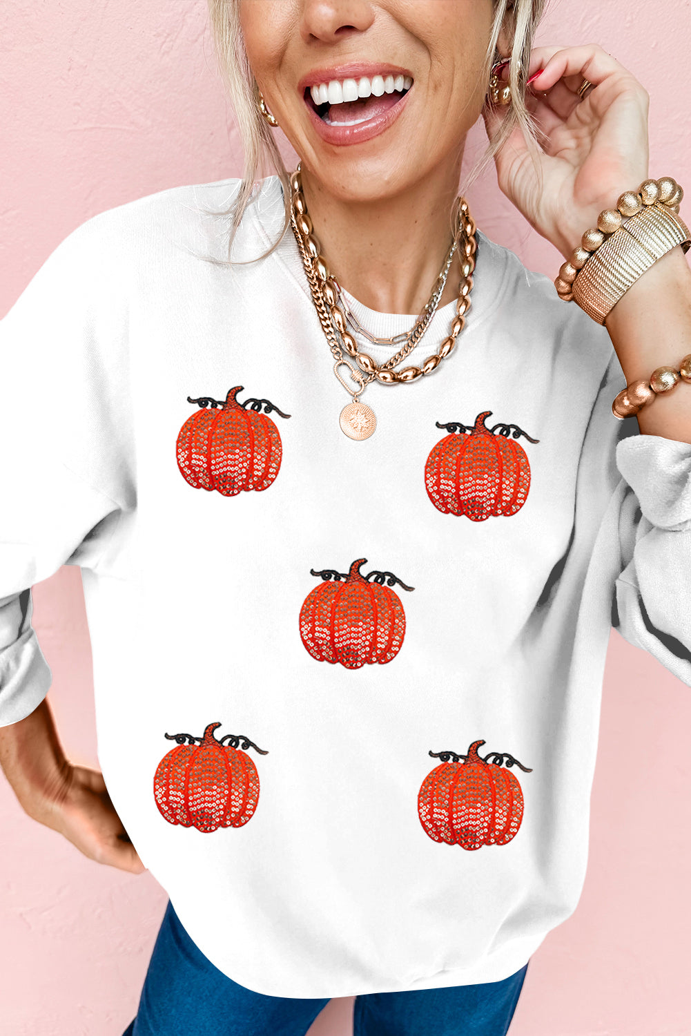 White Sequin Pumpkin Patched Drop Shoulder Sweatshirt e0a7515fd950092d