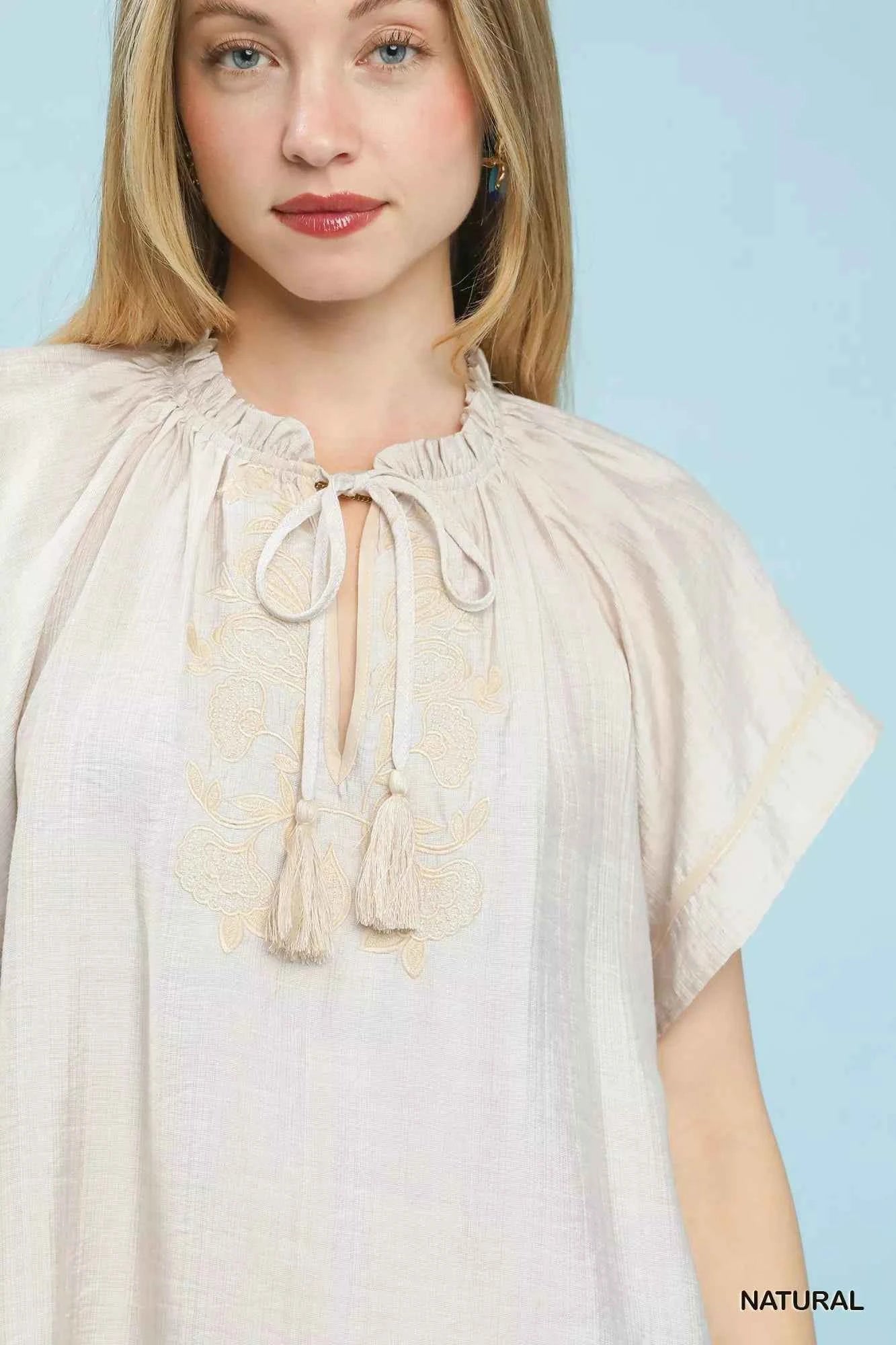 Umgee Embroidered Boho Blouse with Tassel Tie e0aa8266-dacb-4d26-b174-67fd3cc0217f-Max-Origin