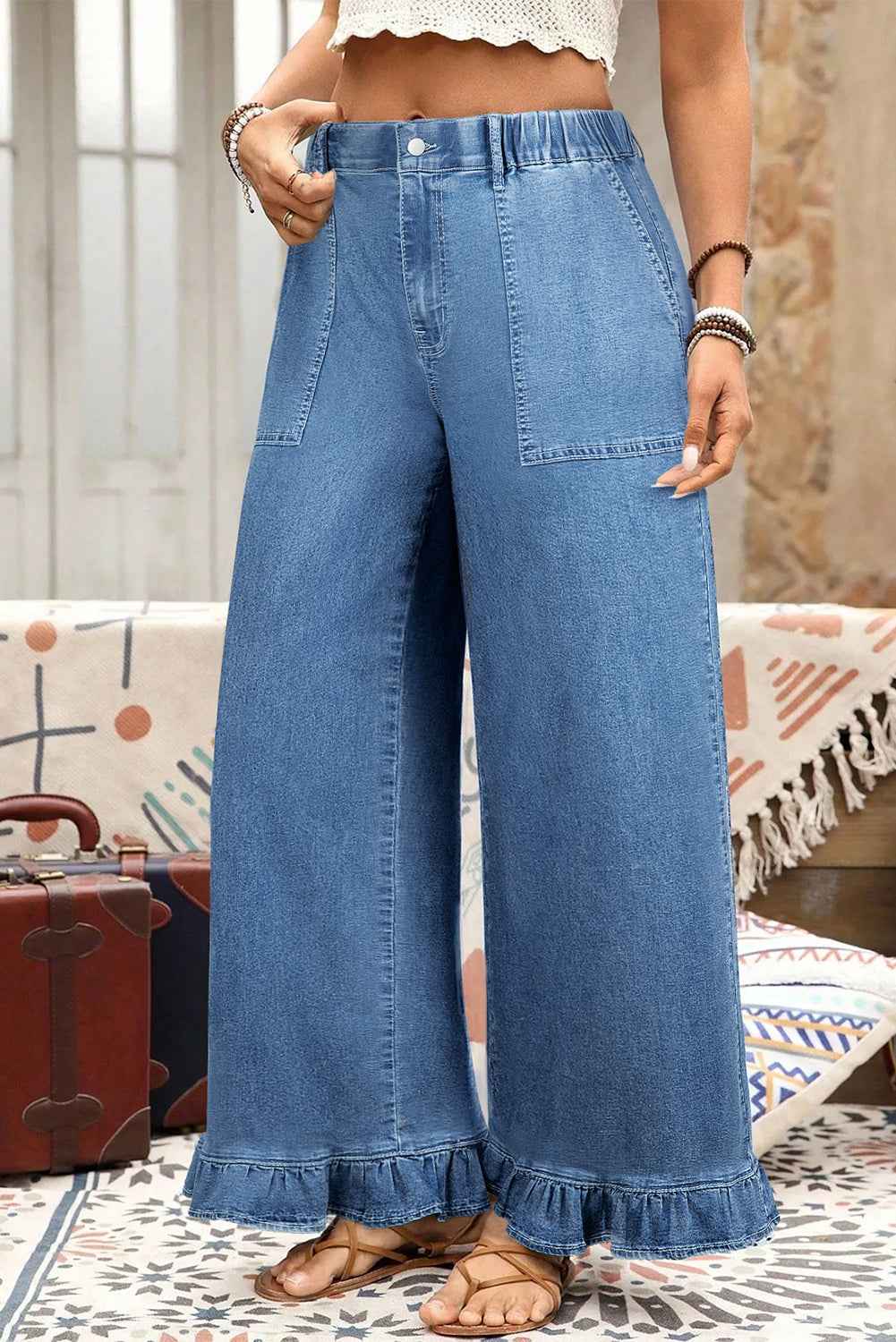Ashleigh Blue Plus Size Elastic Waist Ruffled Wide Leg Denim Pants e0aae2bb75e6257e