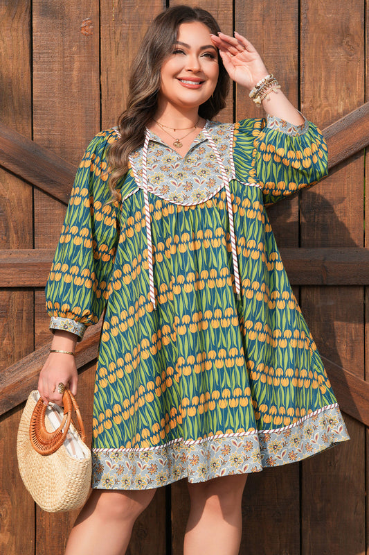 Green Plus Size Mixed Floral Print Striped Trim Loose Mini Dress e0accc464f8772d6