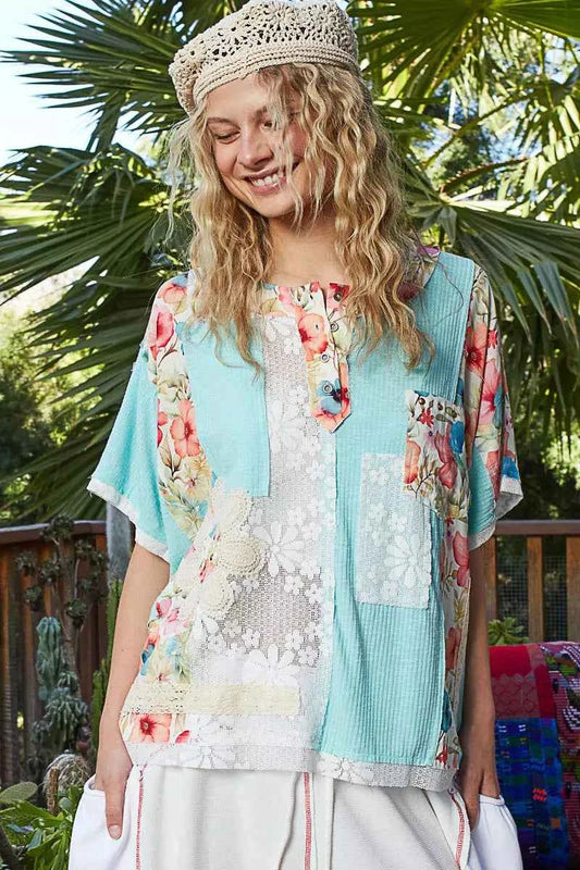 Lace Round Neck Short Sleeve Floral Pattern Top with Patch Detail AQUA e0ae3f2f-e548-45c1-a3f7-31ecb53053f3-Max-Origin