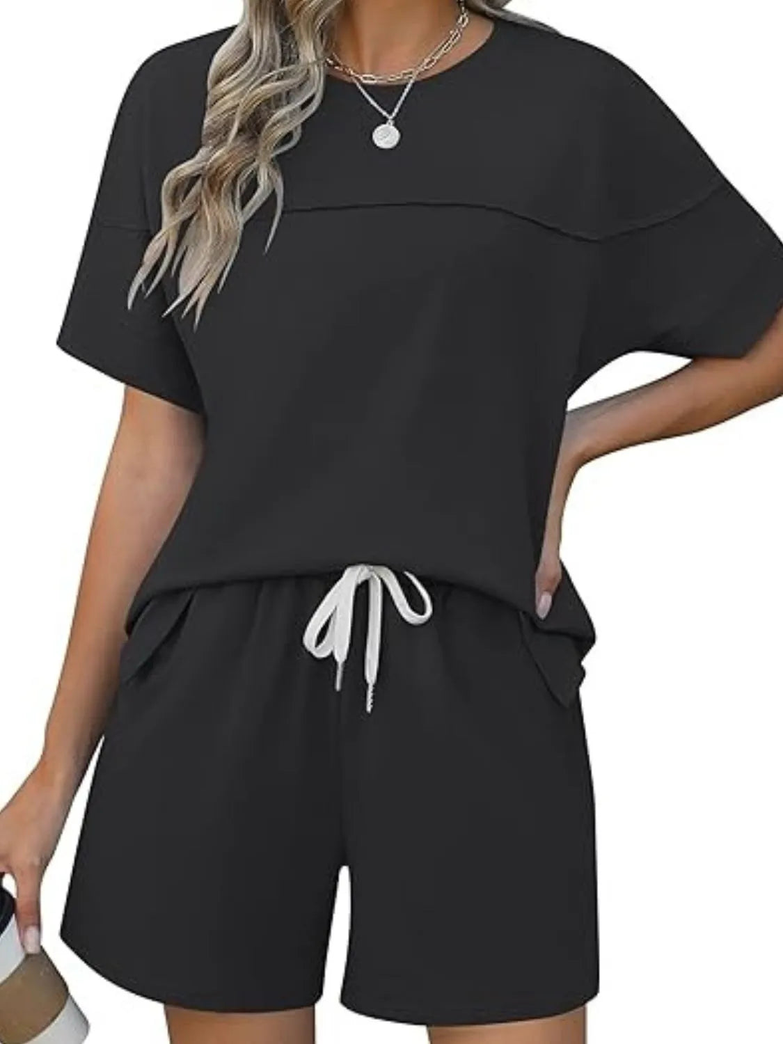 Round Neck Short Sleeve Top and Shorts Set Black e0b043b3-274c-47dc-9fba-16fa3c732a13-Max-Origin