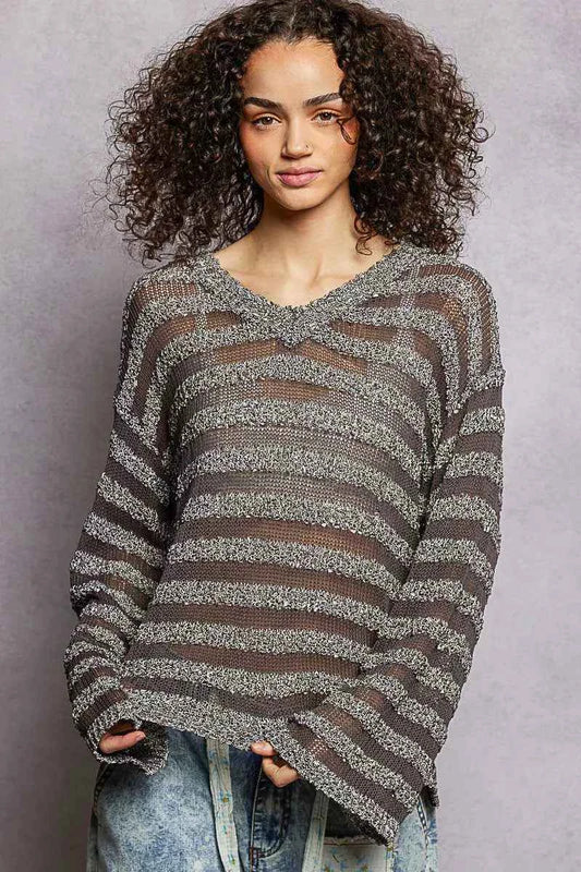Stripe Pattern V-Neck Long Sleeve Knit Top BLACK e0b09085-fe51-44e8-bbb1-1c9180dd6a6b-Max-Origin