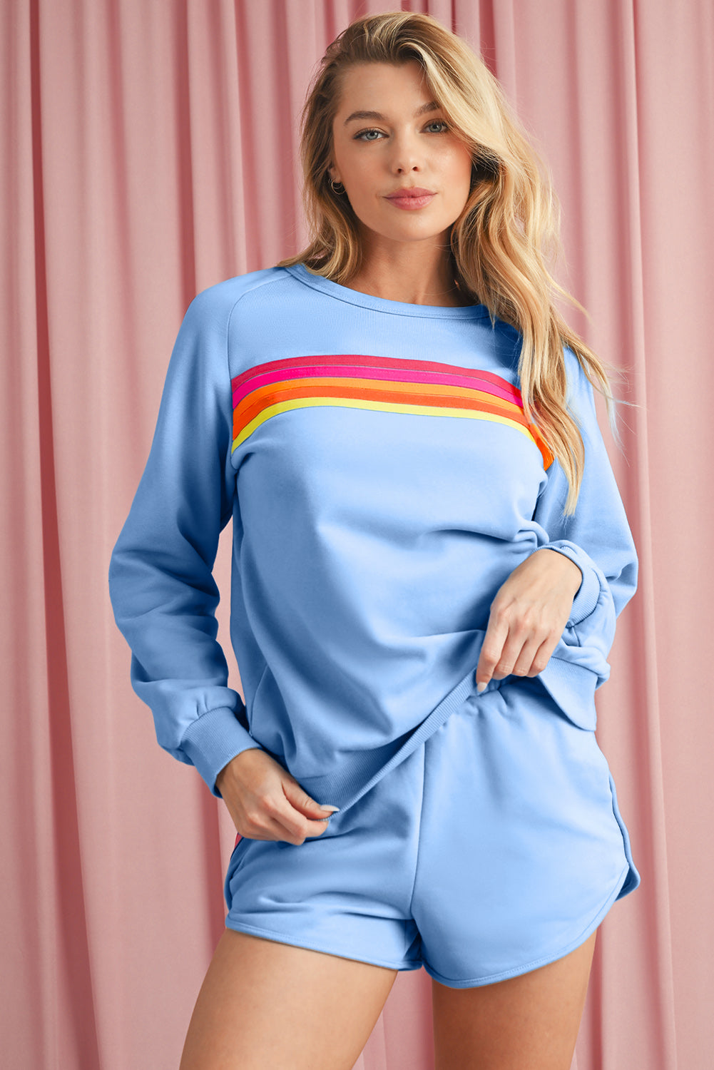 Bonbon Colorful Striped Long Sleeve Pullover and Shorts Set e0bab6f845a61be7