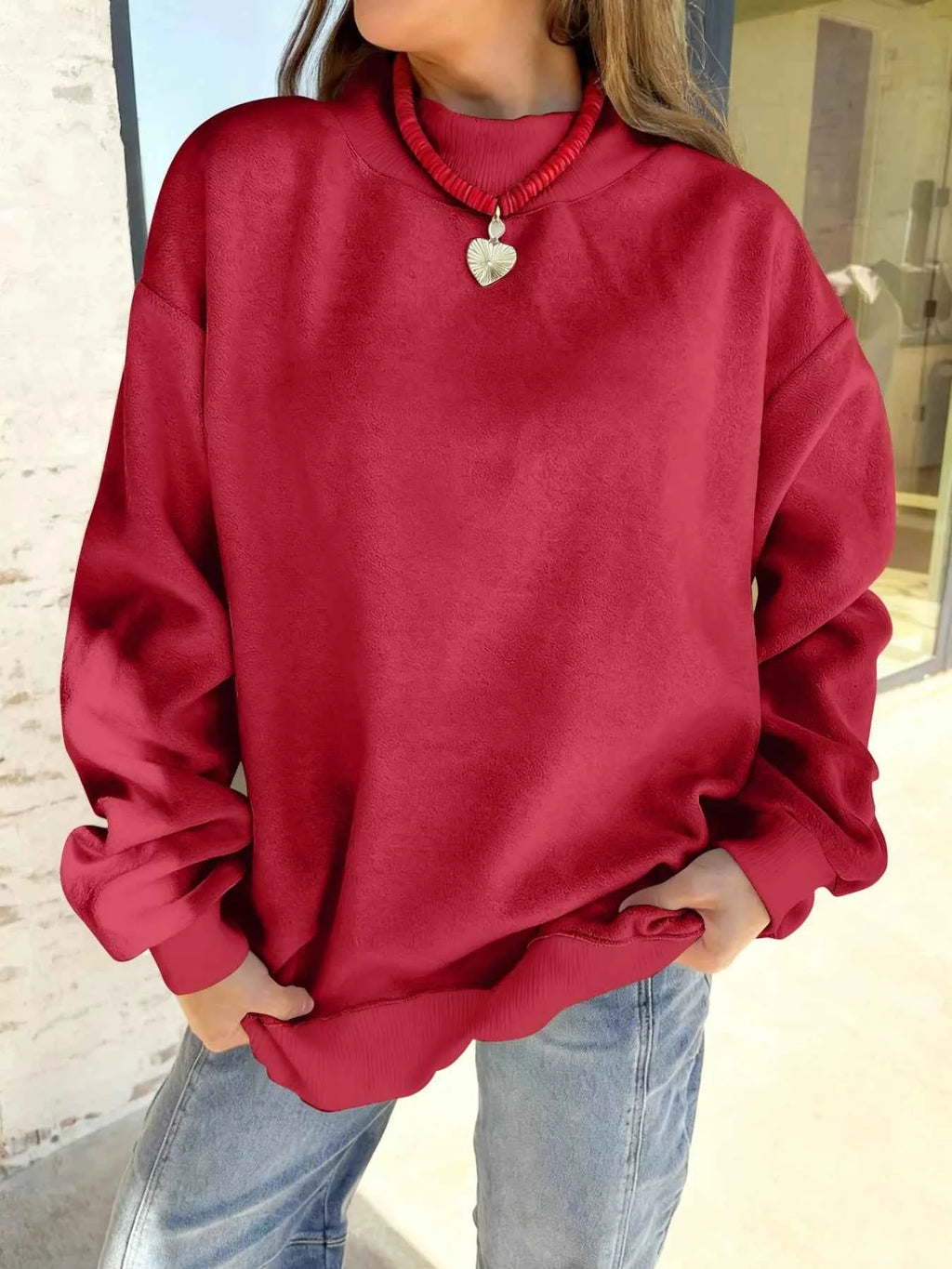 Casual Solid Color Mock Neck Sweatshirt Scarlet e0bb5993-d135-4831-87c2-36d8539b2e80-Max-Origin