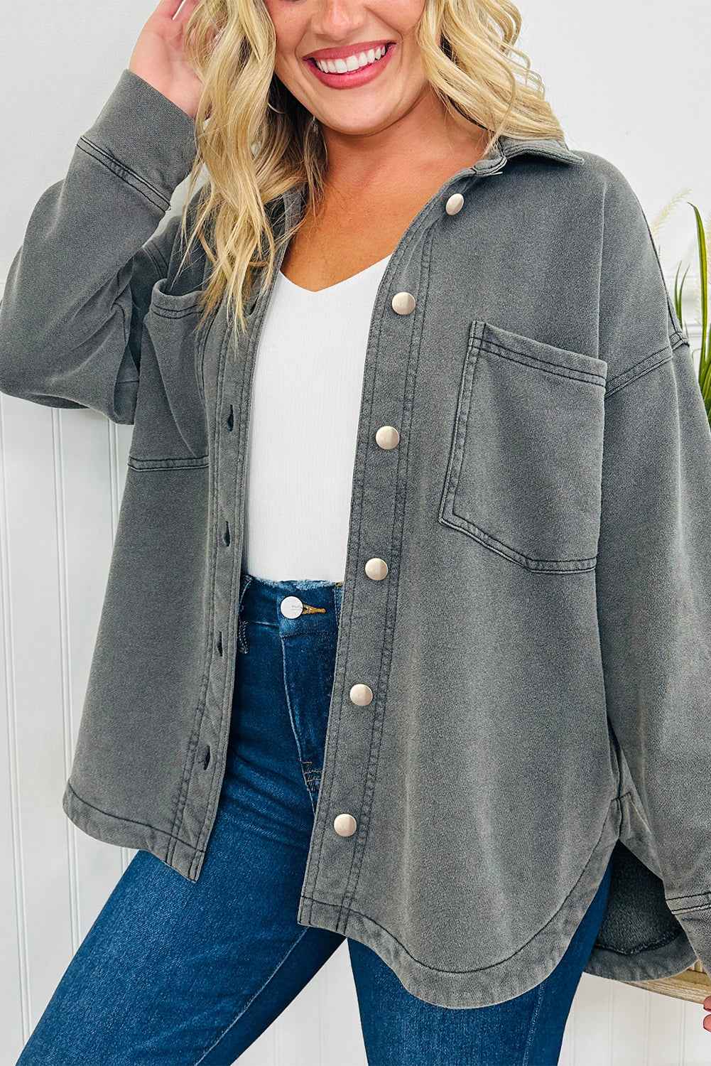 Medium Grey Mineral Wash Chest Pockets Drop Shoulder Shacket with Side Slit Medium Grey 83%Cotton+17%Polyester e0bc9c541b91b2f4
