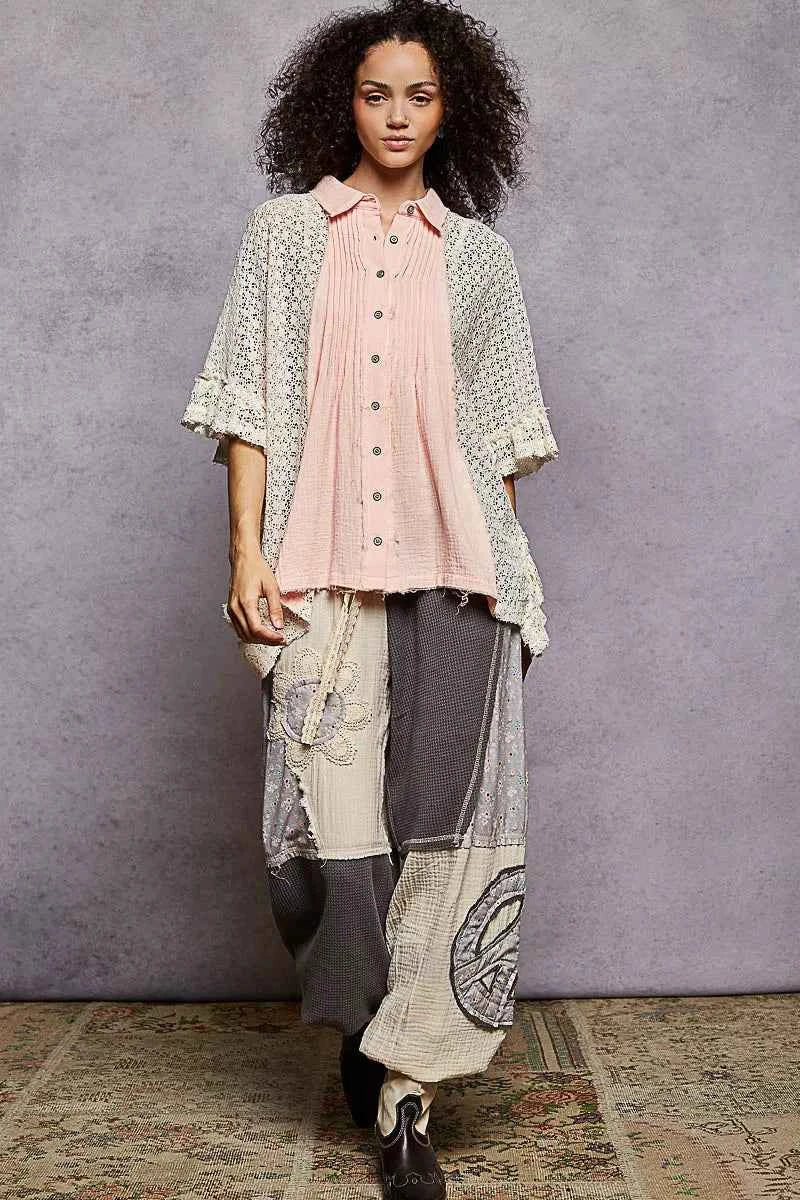 POL Button Down Front Pleated Shirt with Crochet Patch e0c0ded1-eead-475a-9e6d-60007c564fd0-Max-Origin