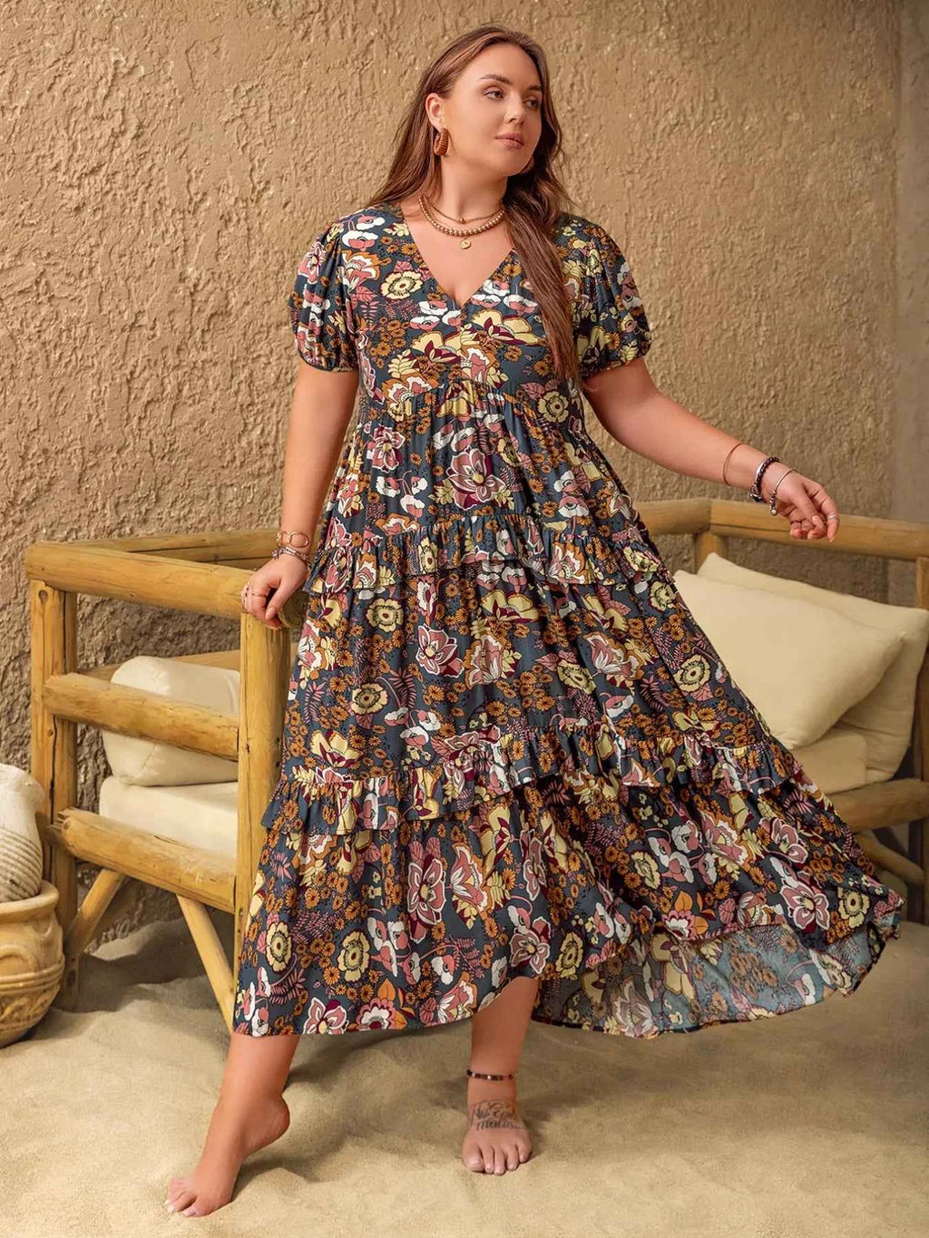Plus Size V-Neck Short Sleeve Midi Dress Multicolor e0c450dc-0216-4edb-a5fd-91543b818419-Max-Origin
