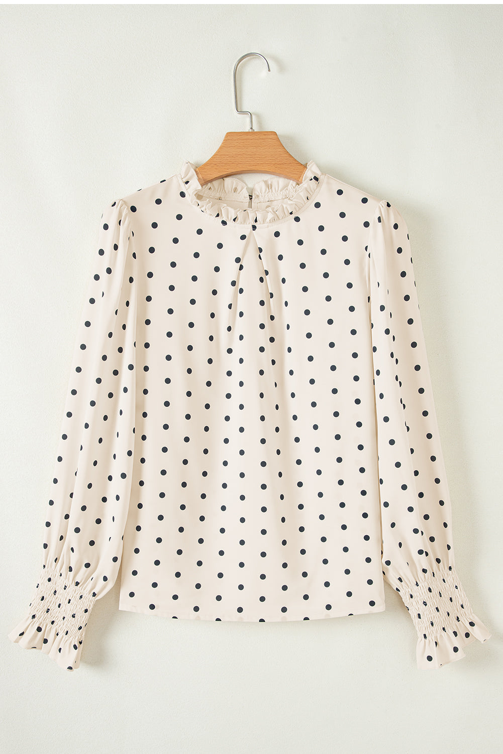 Apricot Polka Dot Print Frill Neck Smocked Lantern Sleeve Blouse e0cb51891140deba