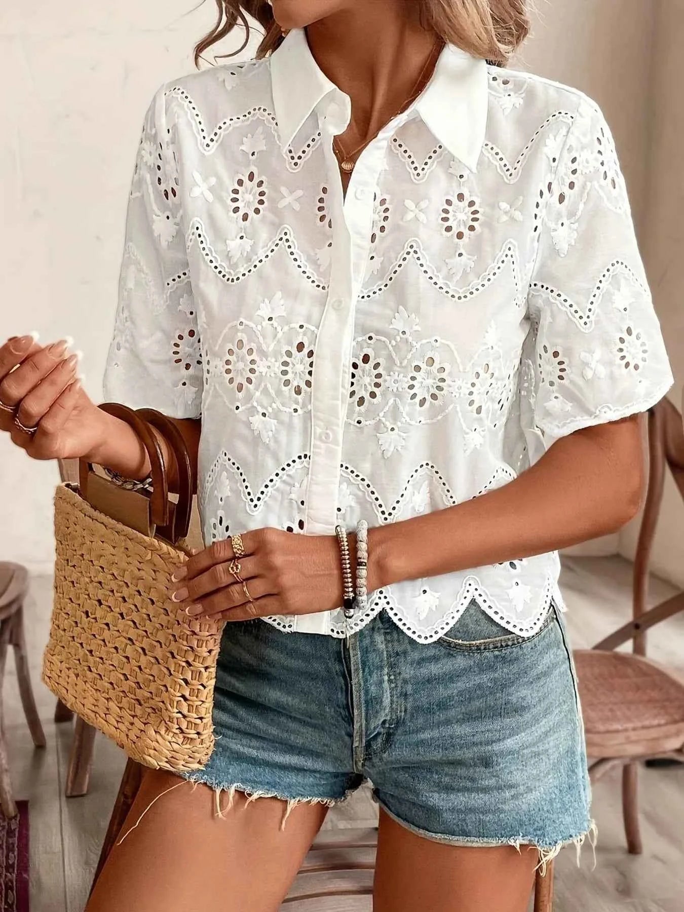 Eyelet Lace Short Sleeve Button-Up Shirt e0cd3fde4942411a9a29fcbe0c07613d-Max-Origin
