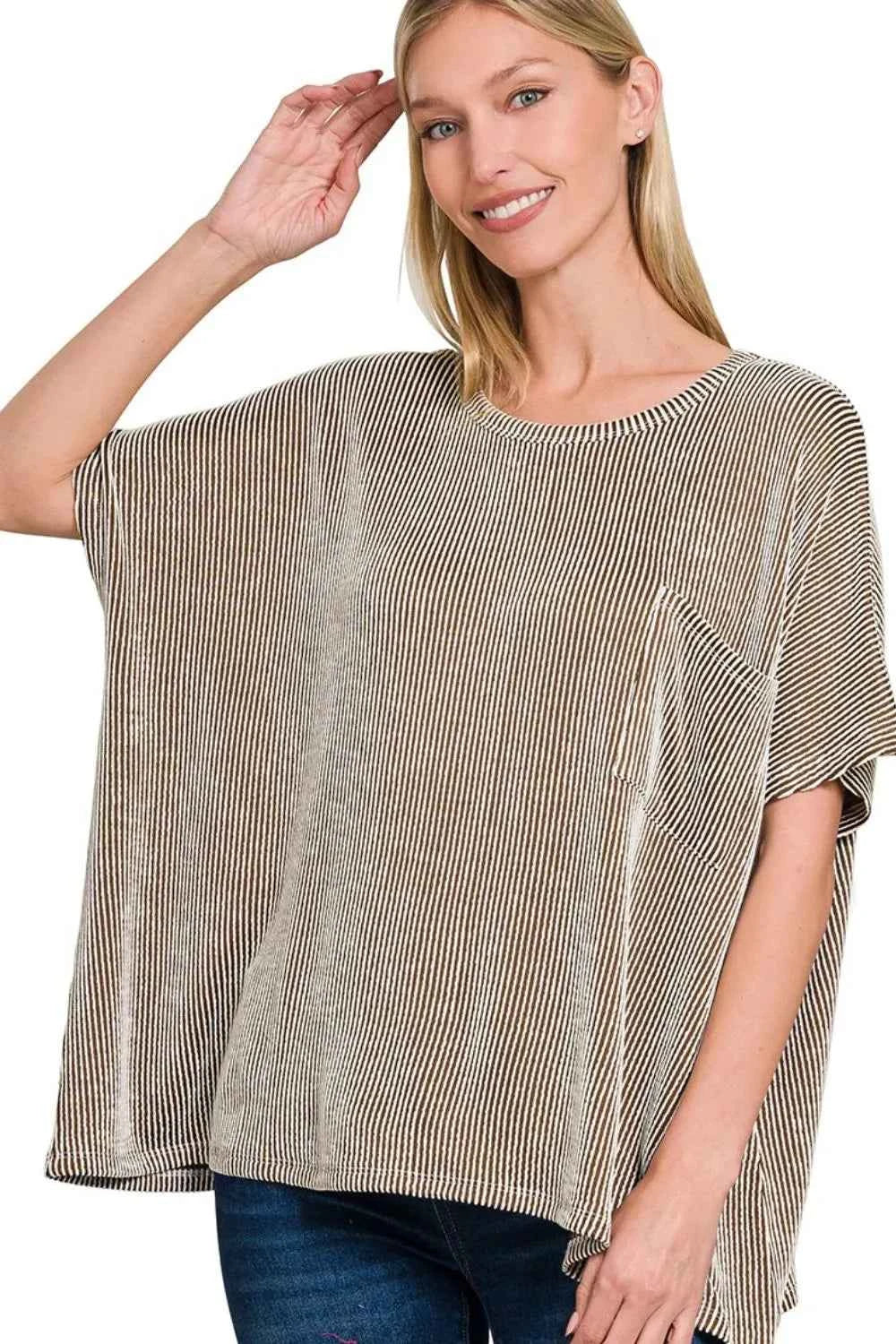 Corded Rib Oversized Short Sleeve Top BROWN e0ce5308-ca12-4ce0-9daa-40aeefd55b6c-Max-Origin