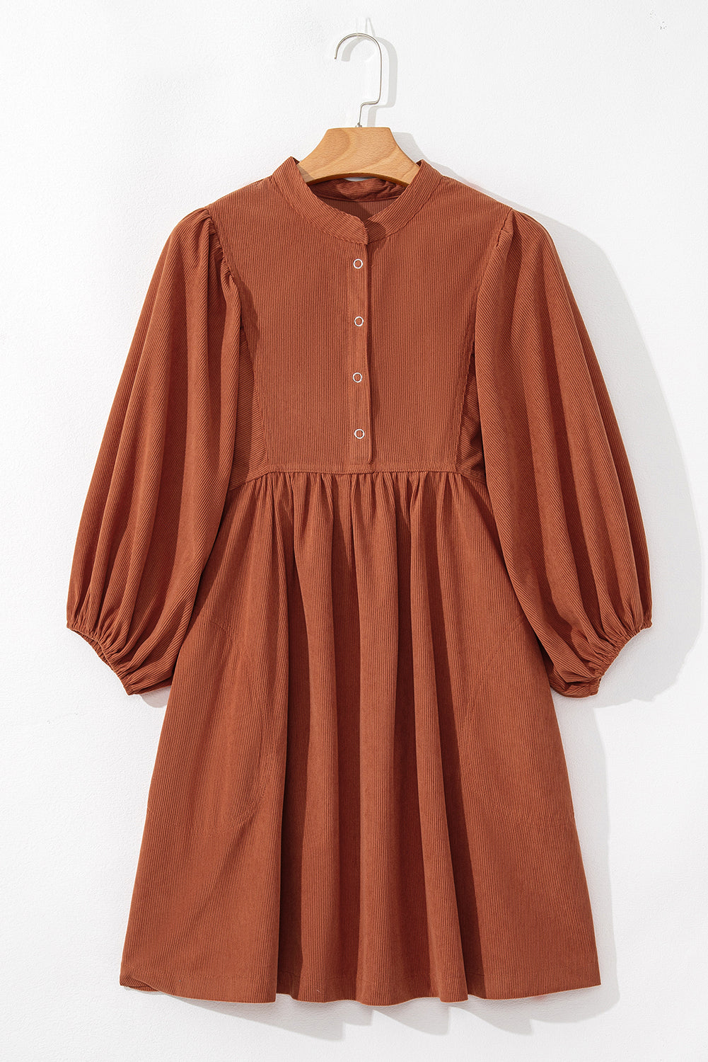 Gold Flame Light Snap Button Empire Waist Lantern Sleeve Corduroy Dress e0ce73acb97a0865