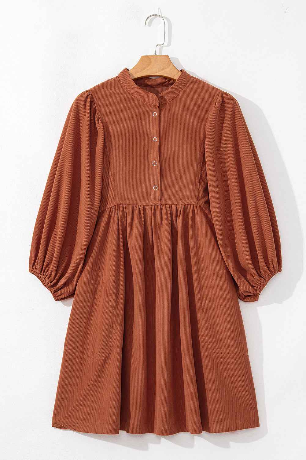 Gold Flame Light Snap Button Empire Waist Lantern Sleeve Corduroy Dress e0ce73acb97a0865