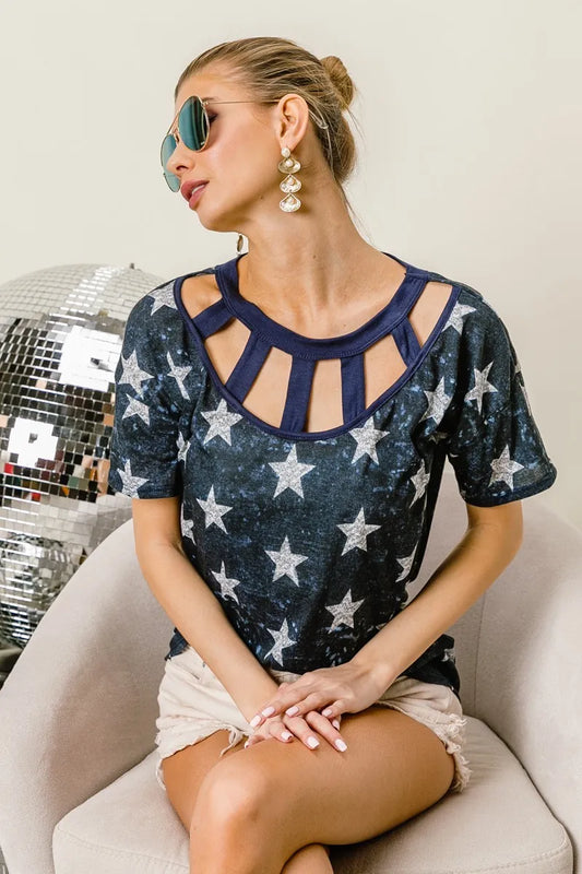 Vintage Star Print Top With Contrast Caged Neck e0d083751a6846a98bd316b986c039ef-Max-Origin