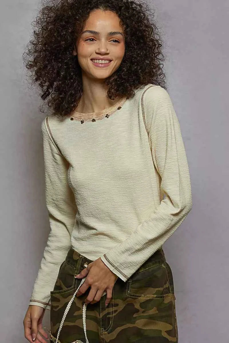 POL Round Neck Long Sleeve Contrast Stitching T-Shirt with Stud Detail e0d0c2ad-bbe7-4775-8a3e-0a4b0bd811f3-Max-Origin