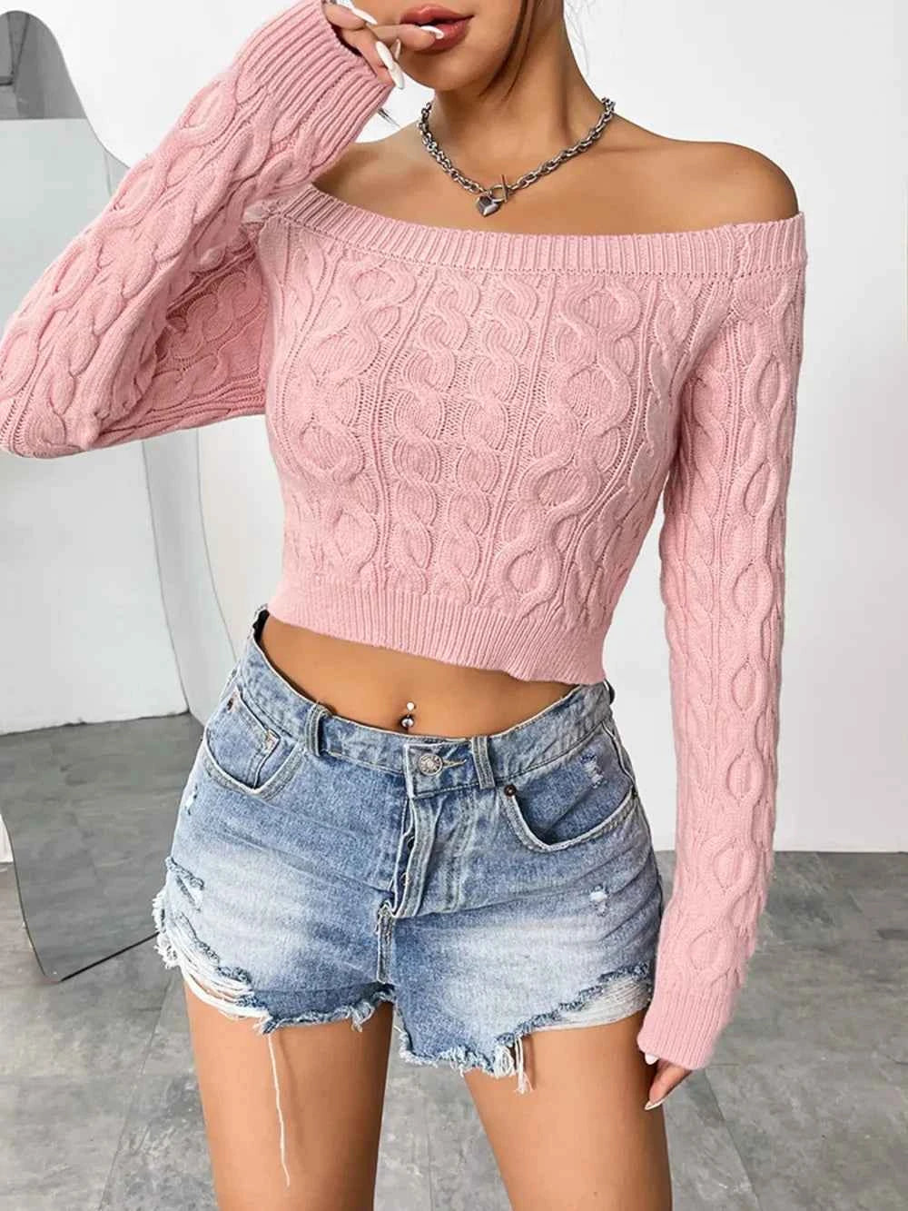 Cable-Knit Off-Shoulder Long Sleeve Knit Top Blush Pink e0d3566d-b3f8-4e31-8708-015c9e47b40b-Max