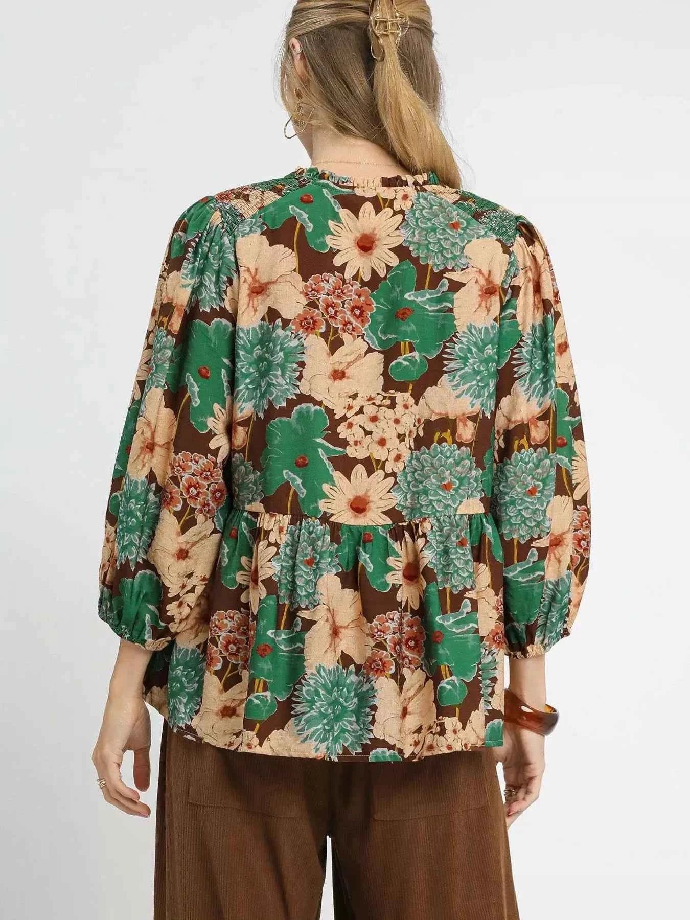 Umgee Mix Floral Peplum Blouse with Tie Neck e0d3848b554f4bc59c4a4d94aa856932-Max-Origin