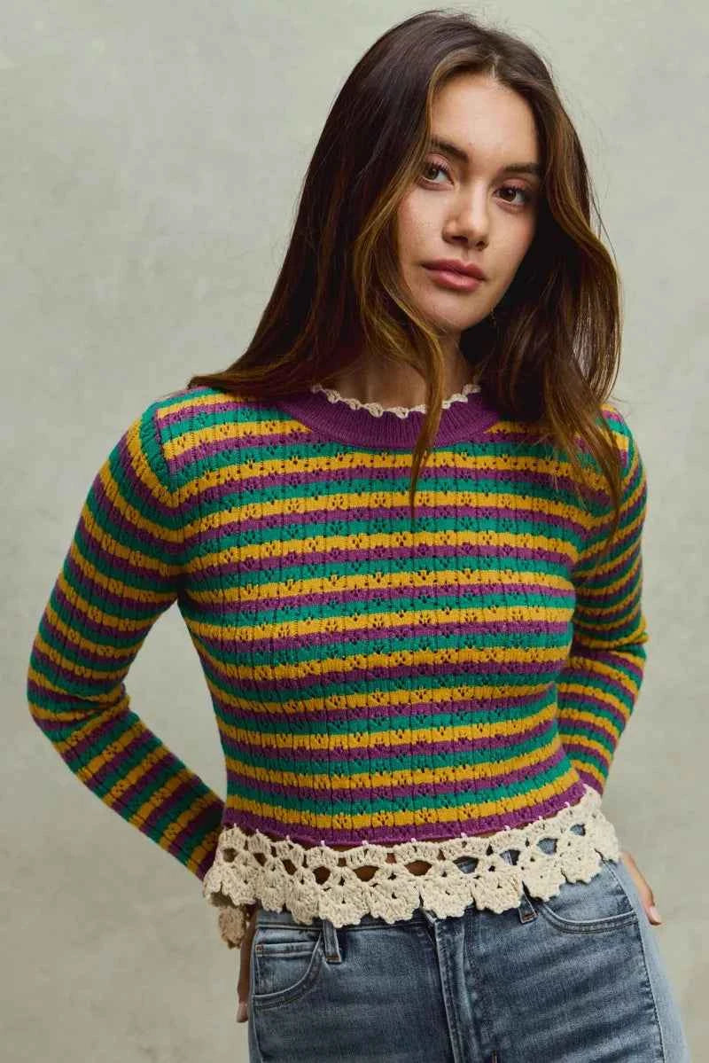 SO ME Mardi Gras Striped Cropped Knit Top with Crochet Edge e0d8e9469abd4379b73e64a0f0afeaef-Max-Origin