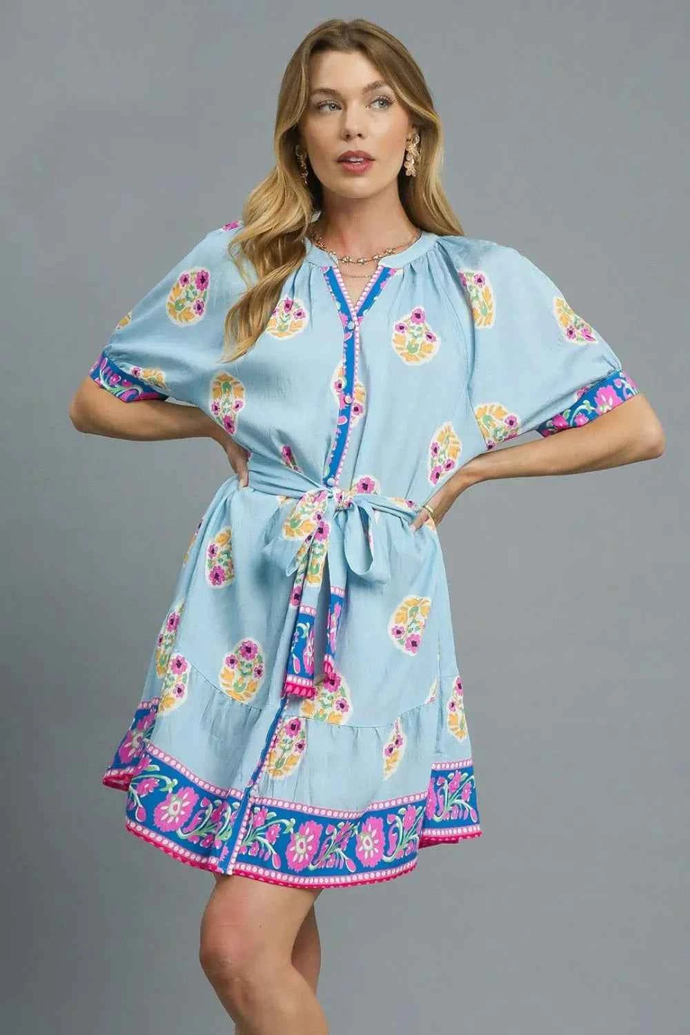 Umgee Floral Print Tie Waist Short Sleeve Dress Pastel Blue e0dba699-89a2-4005-9d2c-83adb9935efe-Max-Origin
