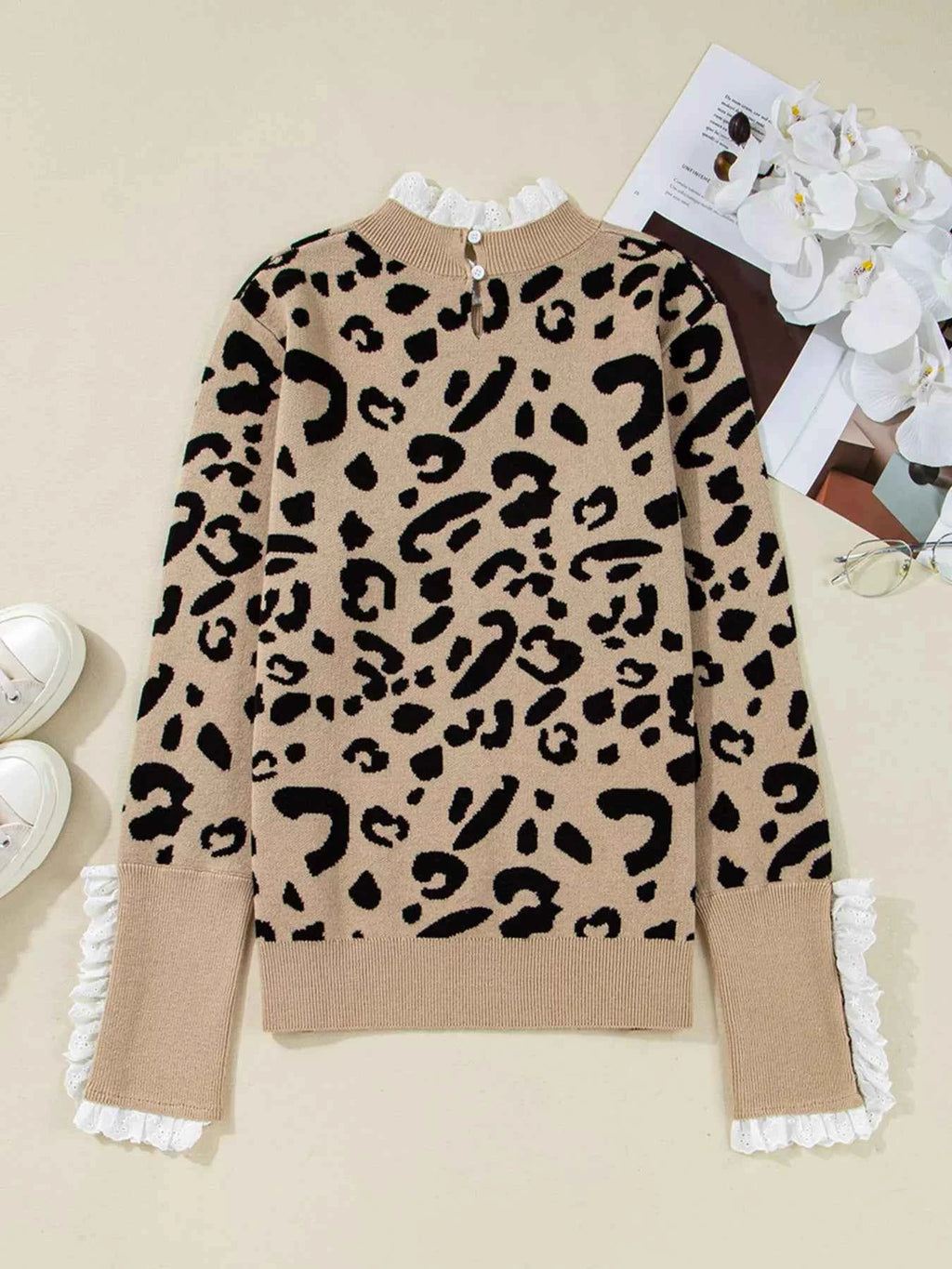 Leopard Pattern Lace Ribbed Detail Button Cuffed Sweater e0e588e5f21b4a4da920a2685252ab09-Max-Origin