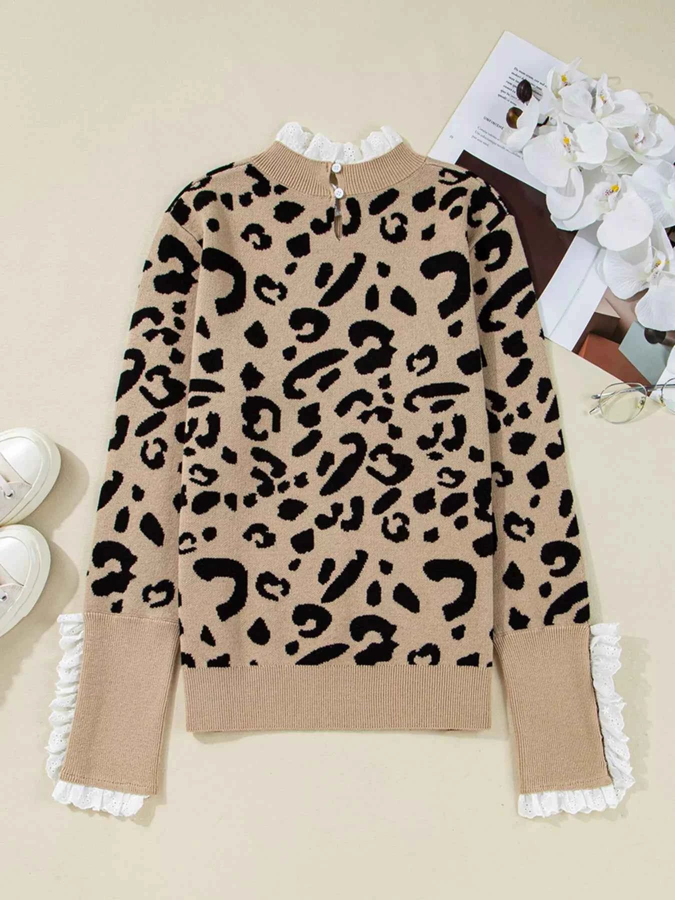 Leopard Pattern Lace Ribbed Detail Button Cuffed Sweater e0e588e5f21b4a4da920a2685252ab09-Max-Origin