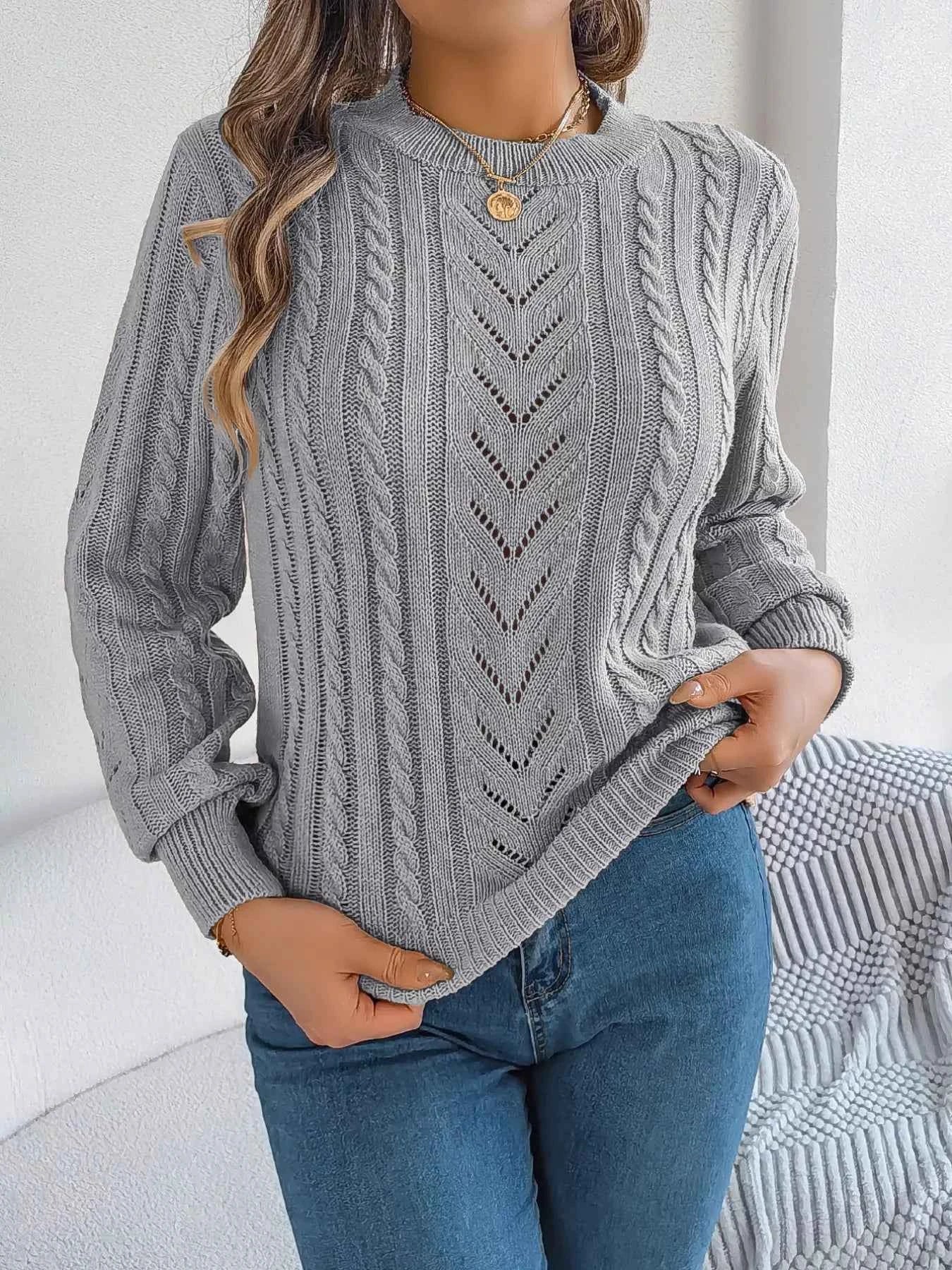 Cable-Knit Round Neck Sweater Gray e0e7e174-0c9e-428d-bb56-180456ff9624-Max-Origin
