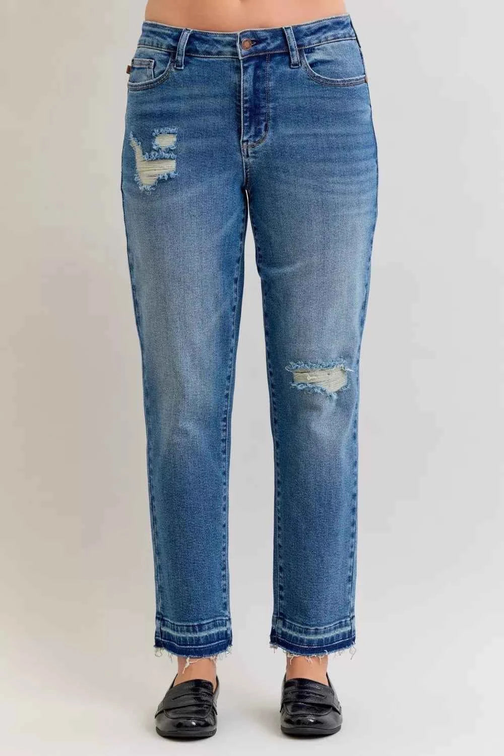 Judy Blue Full Size Mid Rise Bf Patch & Repair Destroy Release Hem Jeans Plus Size MD e0e89d73e6564107a836fe7281dc5ecf-Max-Origin