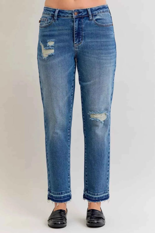 Judy Blue Full Size Mid Rise Bf Patch & Repair Destroy Release Hem Jeans Plus Size MD e0e89d73e6564107a836fe7281dc5ecf-Max-Origin