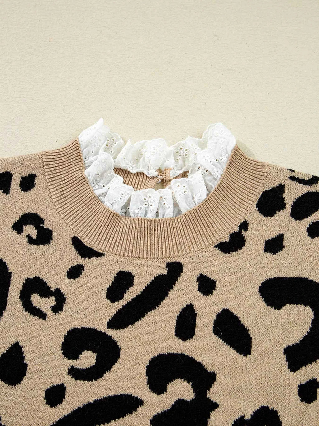 Leopard Pattern Lace Ribbed Detail Button Cuffed Sweater e0f031df132f4074aeec1237d1c94cc4-Max-Origin