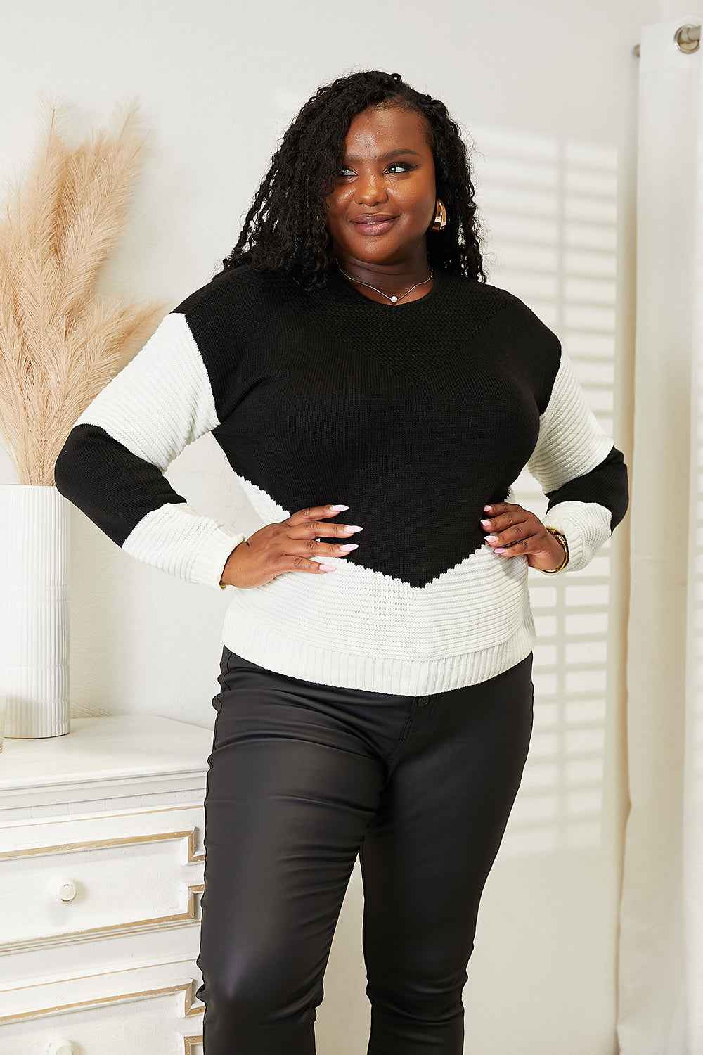 Woven Right Two-Tone Openwork Rib-Knit Sweater e0f2fb886ebc41f7a8d789cdfd363e6f-Max