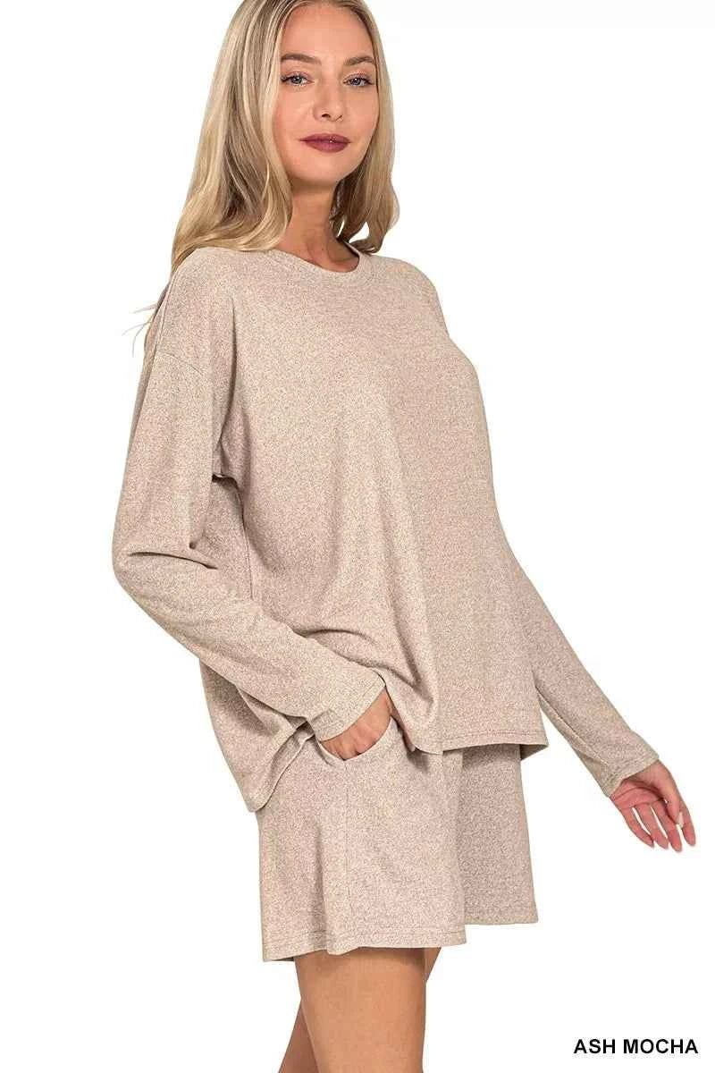 Zenana Soft Melange Long Sleeve Tee and Shorts Set e0f49ac922da4d869fe08a99e0170336-Max-Origin
