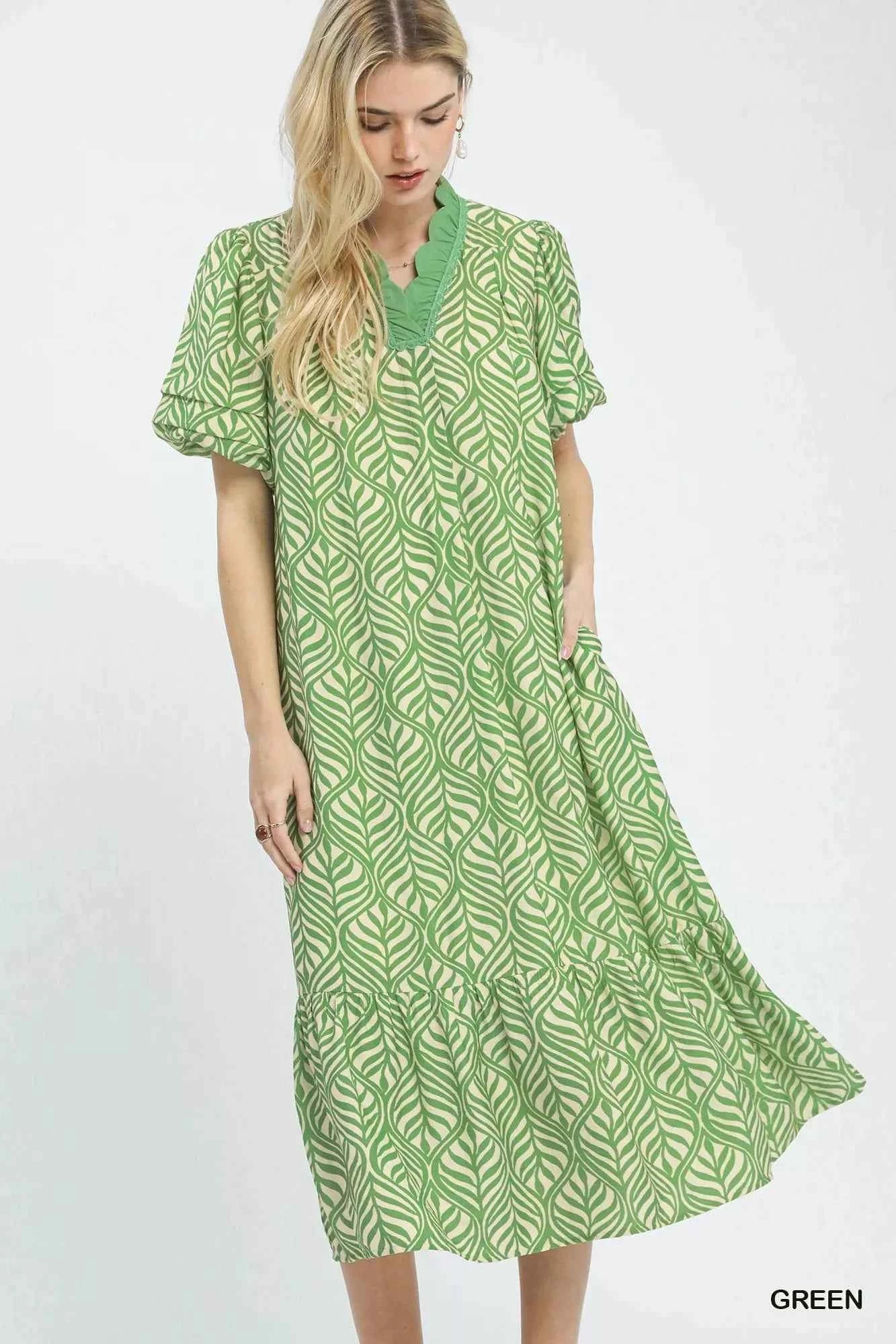 Umgee Leaf Print Ruffle Neck Midi Dress GREEN e0f5bf64-790c-4673-b3cf-d9bbd14ed964-Max-Origin