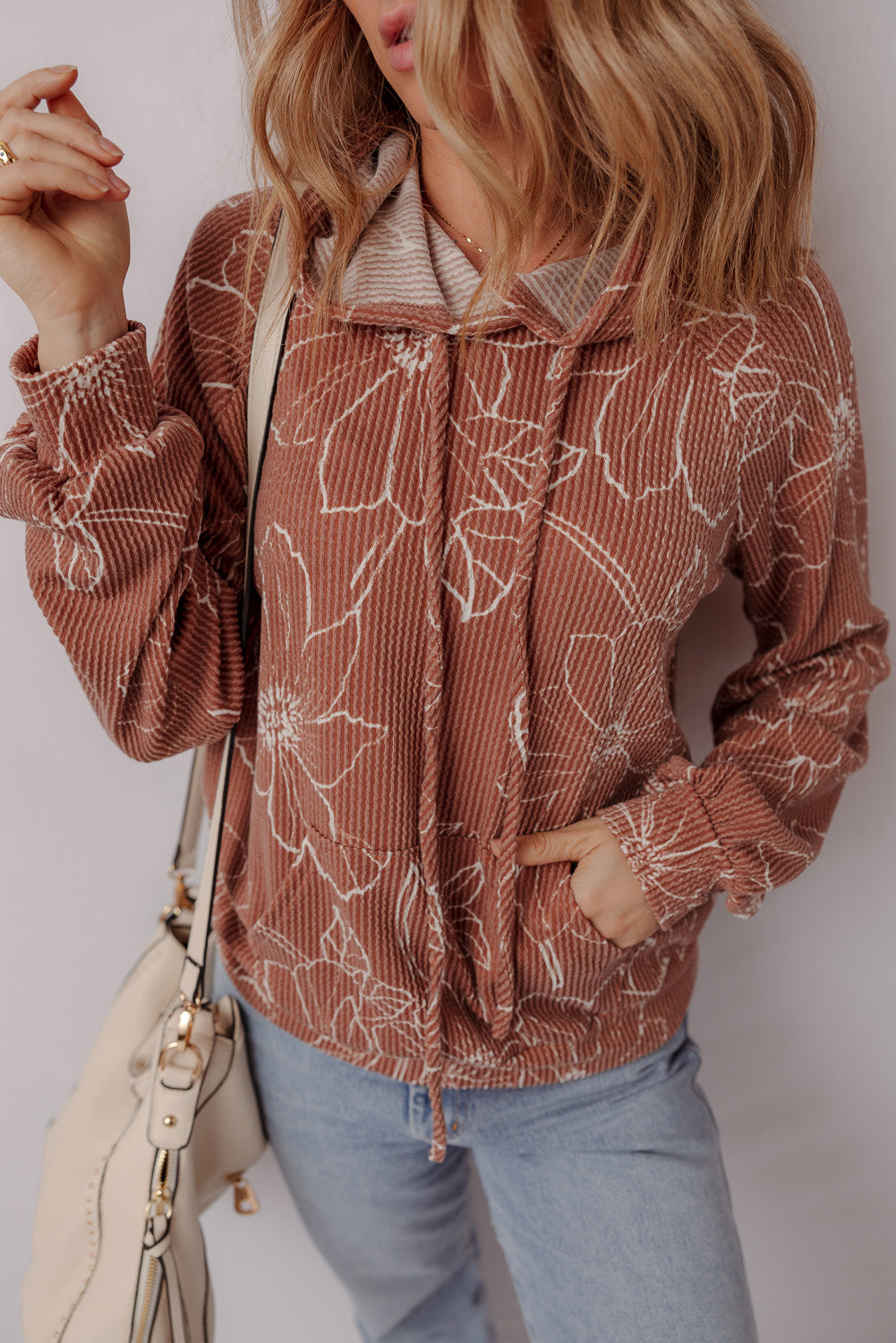 Brown Floral Twisted Rib Drawstring Kangaroo Pocket Hooded Top e0f842ba2a442a5d