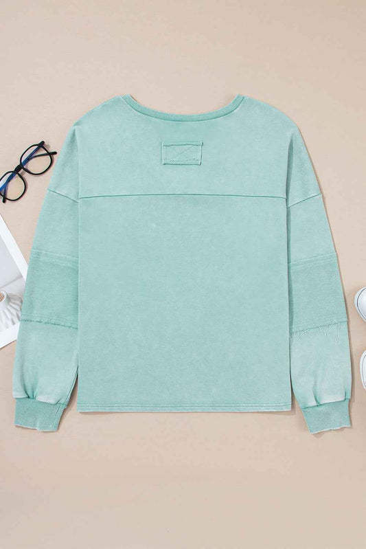 Mist Blue Mineral Wash Exposed Seam Buttoned V Neck Pullover Top e0f97f955754a792