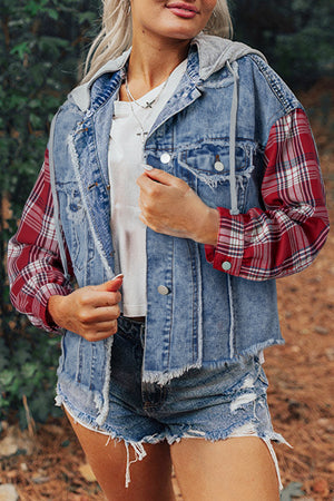 Beau Blue Plaid Print Patchwork Hooded Raw Hem Denim Jacket Beau Blue 83%Cotton+17%Polyester e0fa6124ceb70879