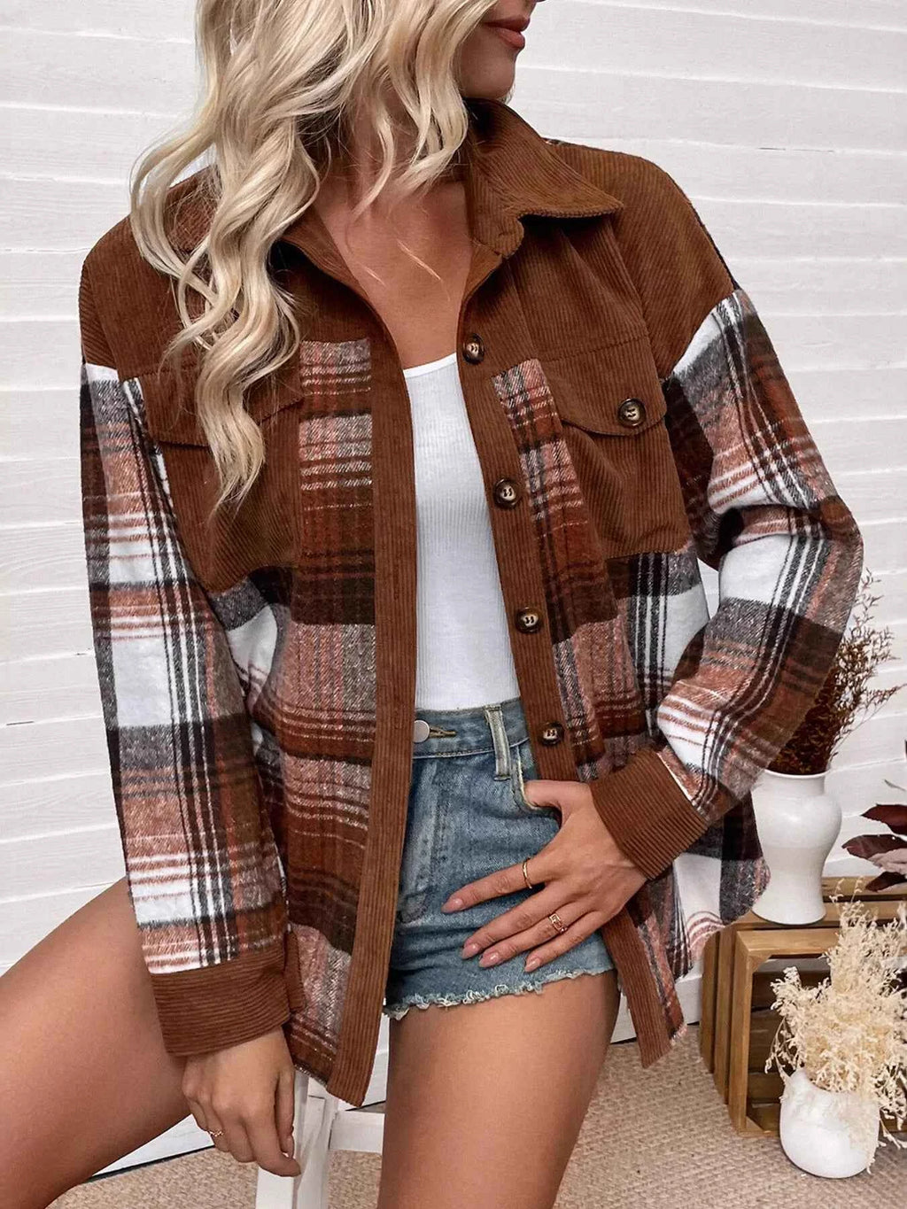 Plaid Button-Up Shacket with Chest Pockets Dark Brown e0fa6d1a99c24a6e8f1fbebdbb15f5c0-Max-Origin