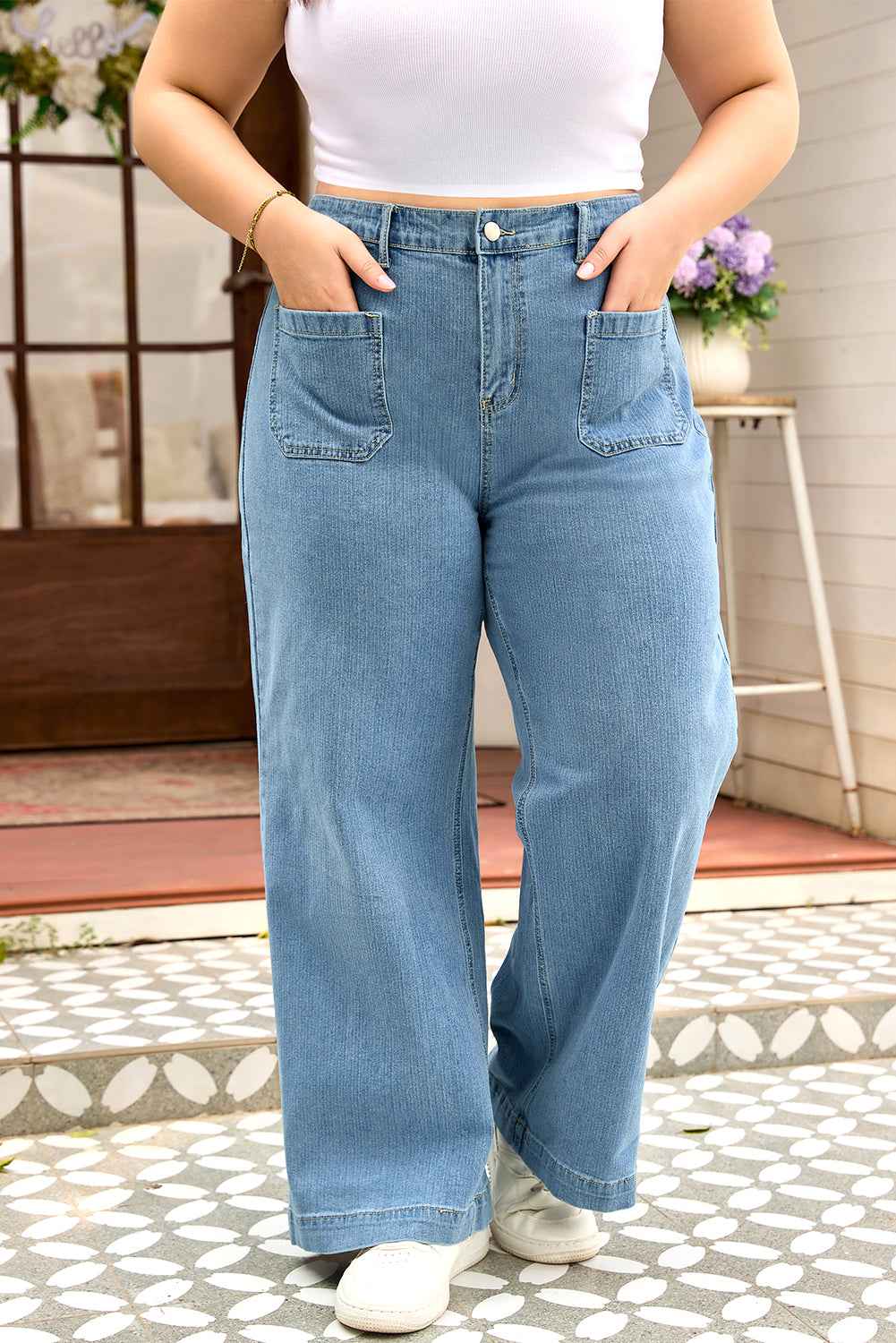Dusk Blue Patched Pocket Textured Wide Leg Plus Size Jeans e0fb0447674a4470