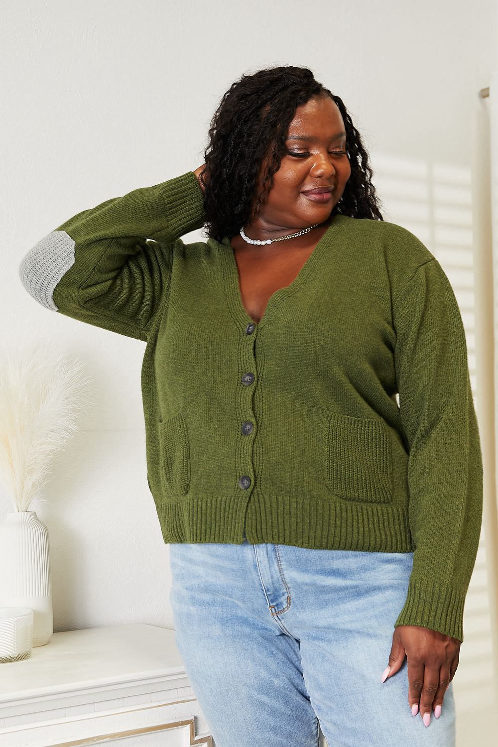 Heimish Full Size Long Sleeve V Neck Button Down Cardigan e0fb6880a7044ce6bb5e5b8287b52c55-Max