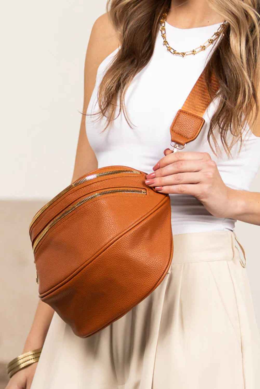 Cinnamon PU Leather Double Zipper Crossbody Bag e0fbc95d4fba260a
