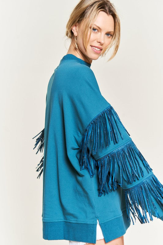 Silver studded fringe sleeve top jjt5009 TEAL e10262a8-a78f-4614-8474-48d133677960