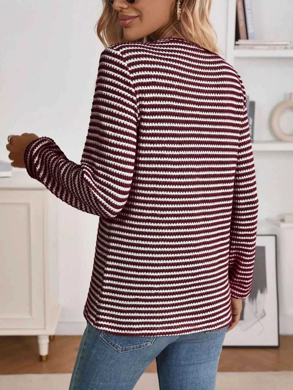 Striped Button Detail Long Sleeve Top e102b541776142b2901da4bff892f6ae-Max-Origin