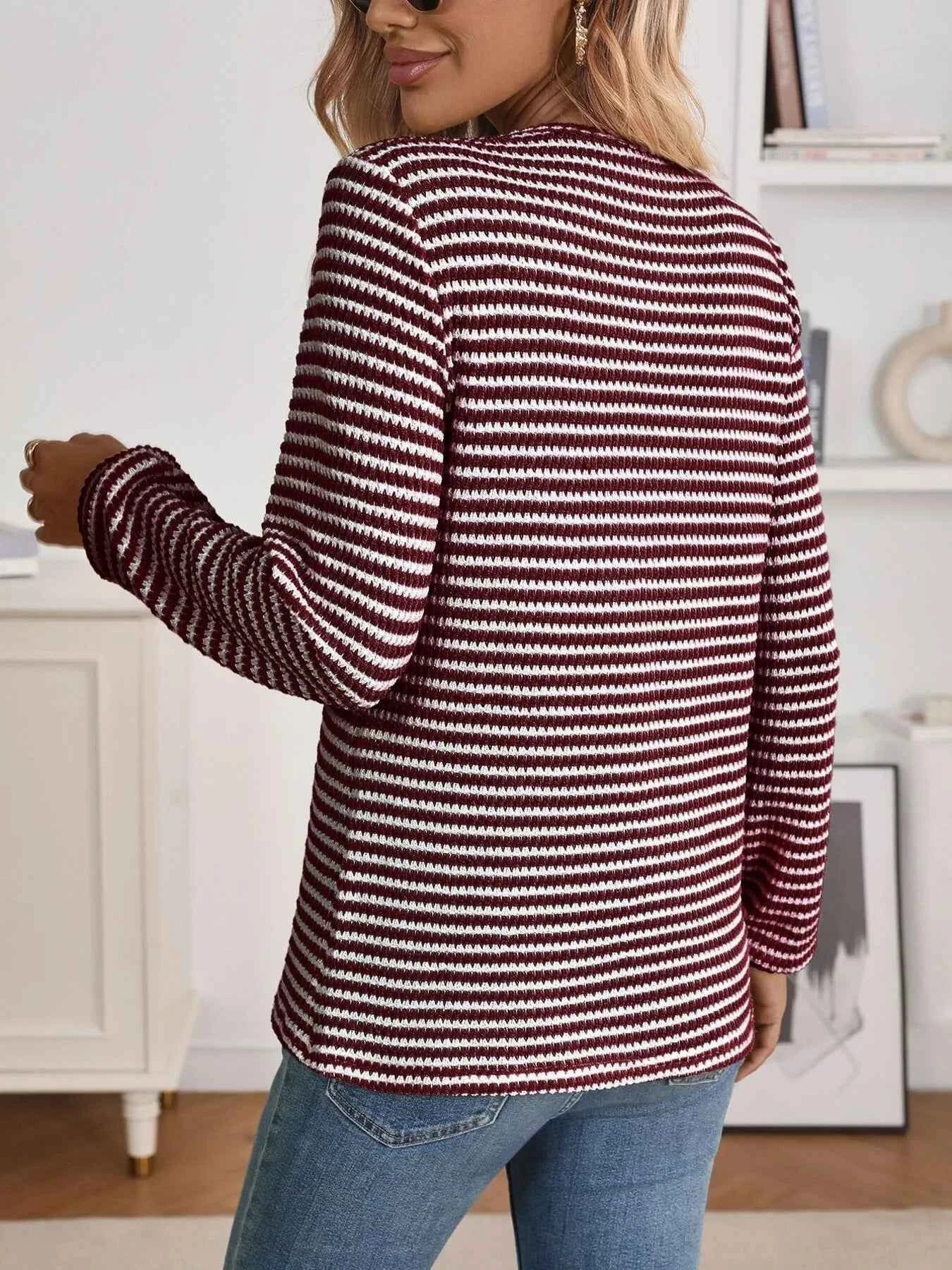 Striped Button Detail Long Sleeve Top e102b541776142b2901da4bff892f6ae-Max-Origin